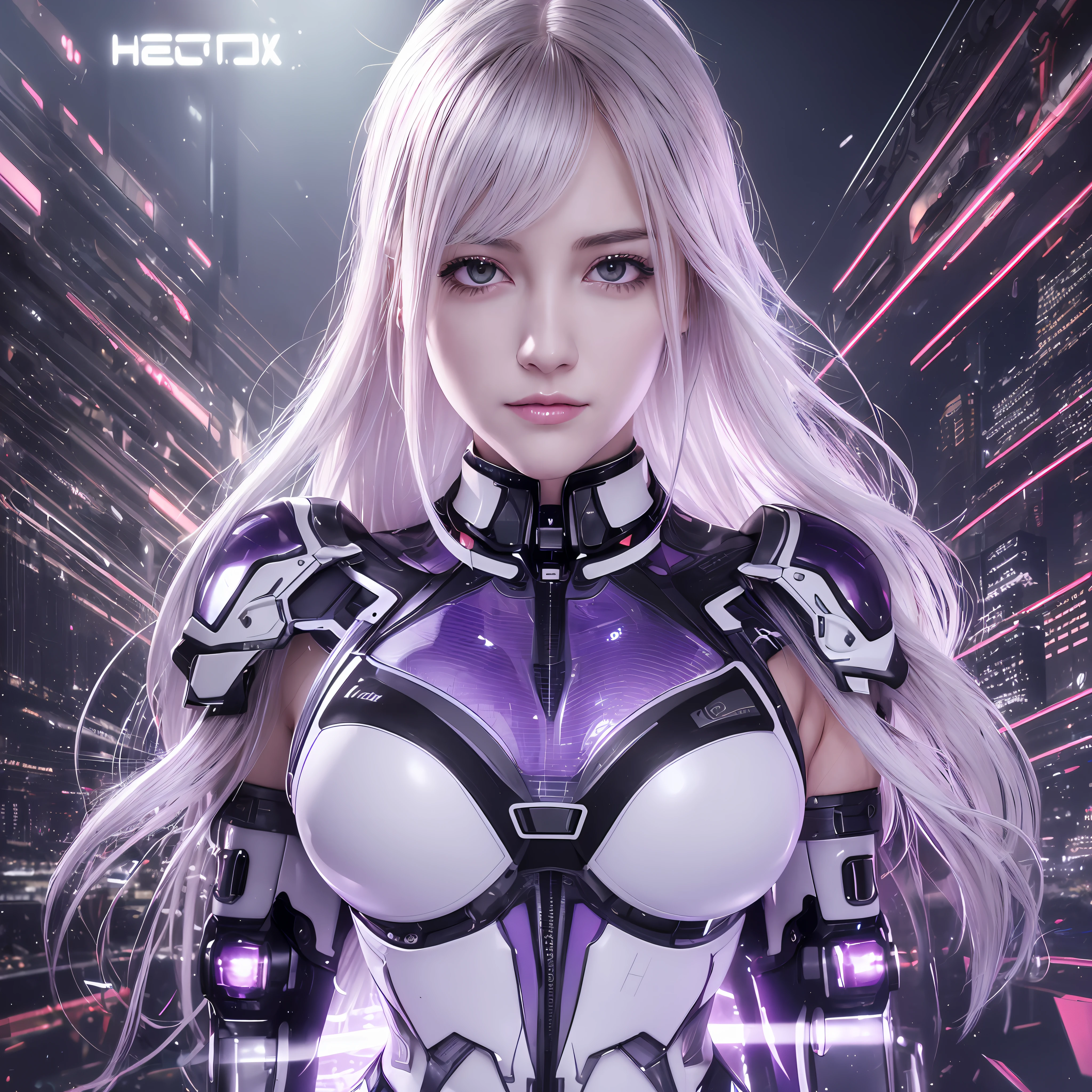 (RAW Photos: 1.2), (Photorealistic: 1.4), (Masterpieces: 1.3), (Best Quality: 1.4), Ultra High Resolution, (Detailed Eyes), (Detailed Facial Features), (Detailed Clothing Features), HDR, 8k Resolution, Solo Focus, Bangs, Skin Tightness, (Shiny Skin), (Slender Girl), Dreamy, (Extreme Detail), Commentary Confirmation, Commentary Request, Landscape, No text, Virtual Girl - Aim, Medium breasted, Straight hair, Long hair, White hair, Purple eyes, 1 girl, Upper body, cyberpunk suit, mech suit, cleavage is skin visible, fine LED lamps, detailed neon, dense parts, connected cables, hydraulic cylinders, big,