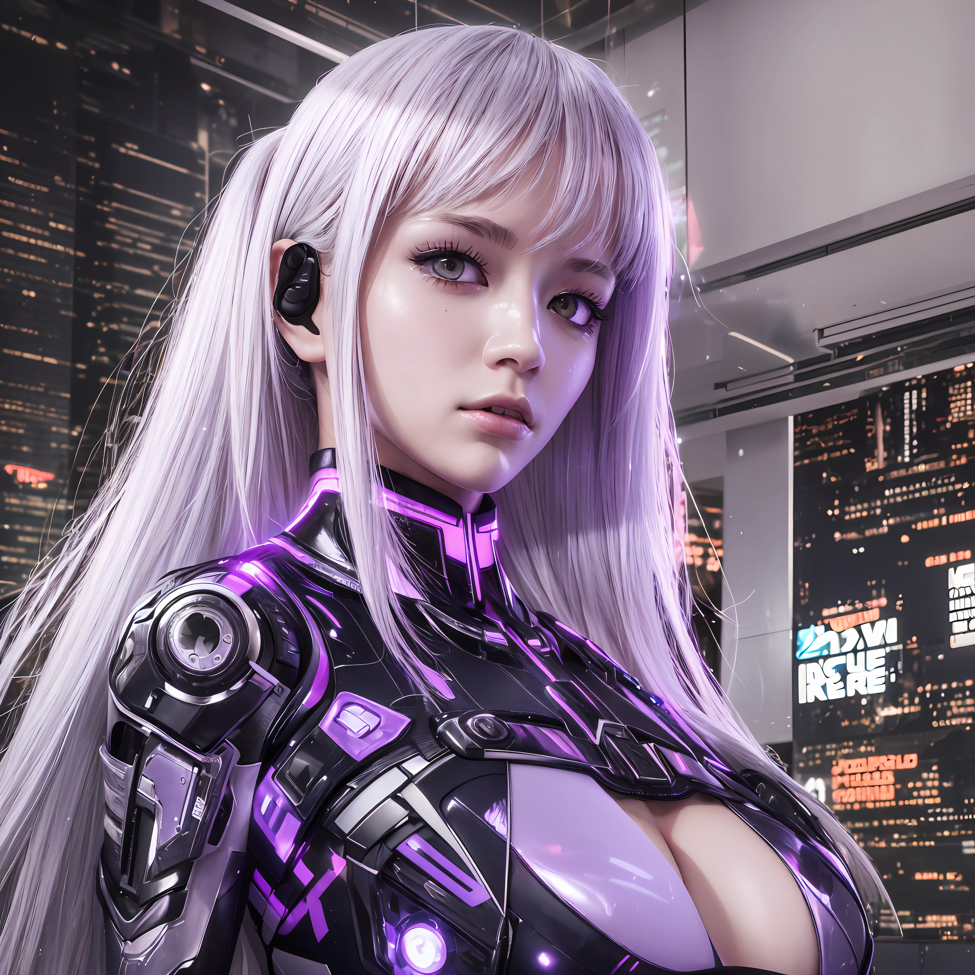 (RAW Photos: 1.2), (Photorealistic: 1.4), (Masterpieces: 1.3), (Best Quality: 1.4), Ultra High Resolution, (Detailed Eyes), (Detailed Facial Features), (Detailed Clothing Features), HDR, 8k Resolution, Solo Focus, Bangs, Skin Tightness, (Shiny Skin), (Slender Girl), Dreamy, (Extreme Detail), Commentary Confirmation, Commentary Request, Landscape, No text, Virtual Girl - Aim, Medium breasted, Straight hair, Long hair, White hair, Purple eyes, 1 girl, Upper body, cyberpunk suit, mech suit, cleavage is skin visible, fine LED lamps, detailed neon, dense parts, connected cables, hydraulic cylinders, big,