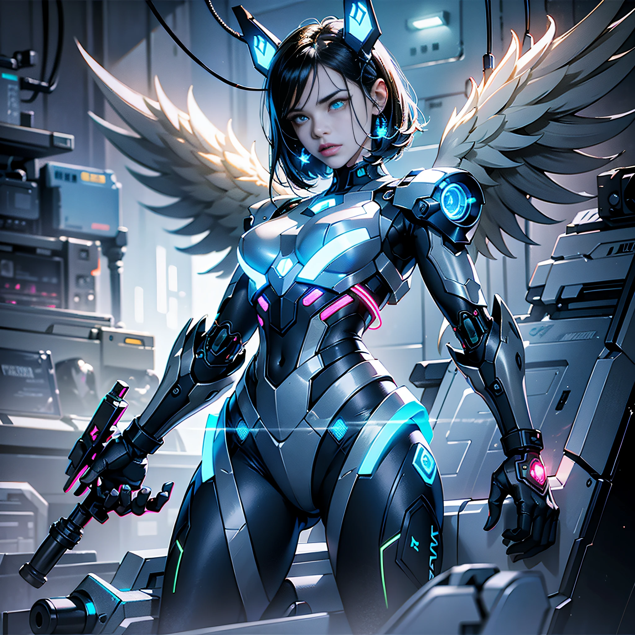 cyborg angel, menacing pose, metallic, neon blue wings, award-winning photography, realistic, cinematic lighting, cyberpunk, neon lights, electronic components, mechanical body, wires, cables, futuristic sense of technology, full body sitting, sitting down, golden eyes, golden eyes, golden eyes, golden eyes