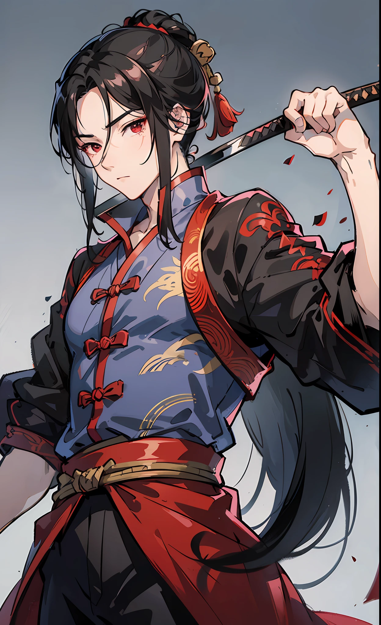 A Chinese young man in his daoist martial outfit holding a highly detailed katana,long black hair, dark night background, red eyes, highly detailed --auto --s2