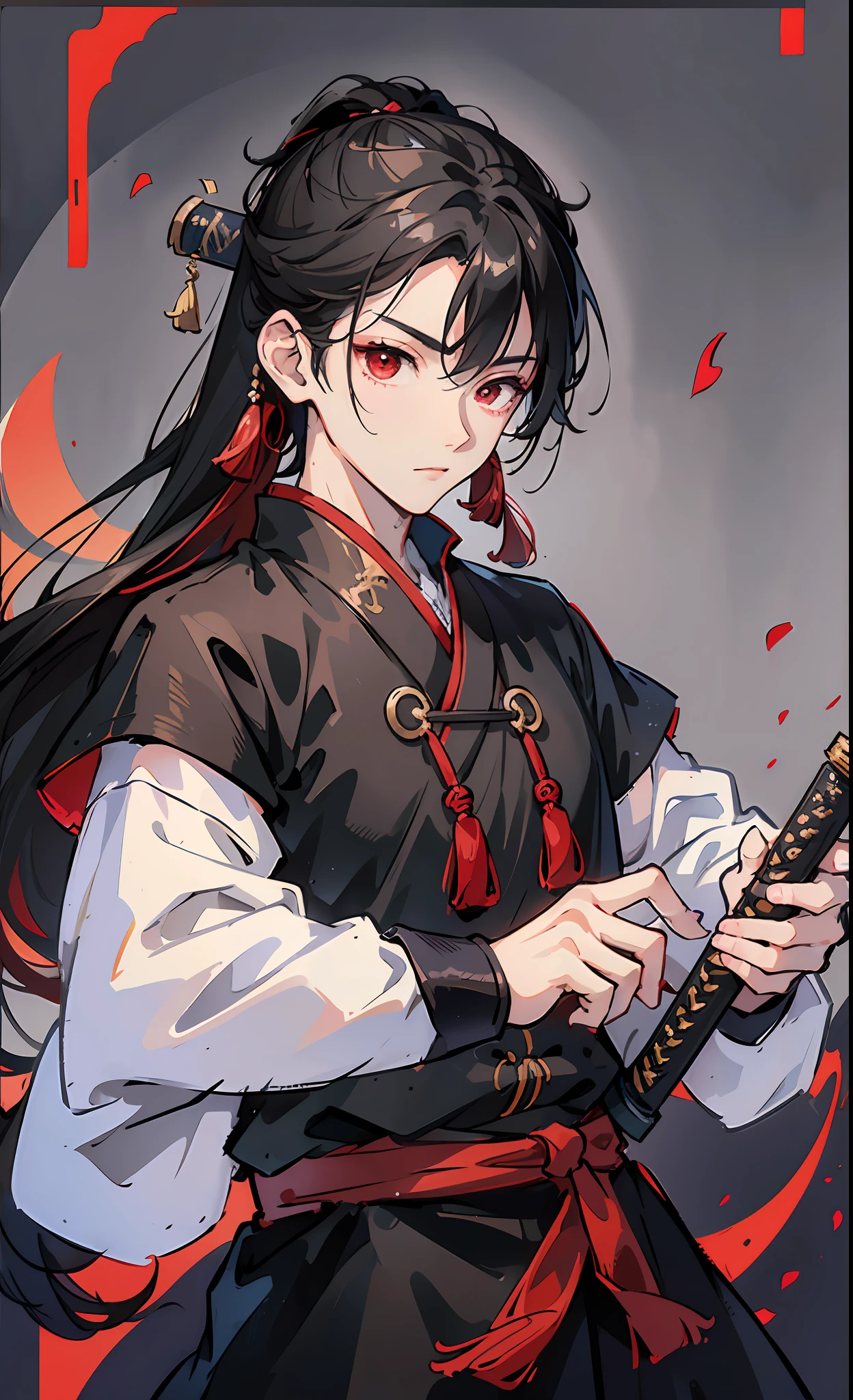 A Chinese young man in his daoist martial outfit holding a highly detailed katana,long black hair, dark night background, red eyes, highly detailed --auto --s2