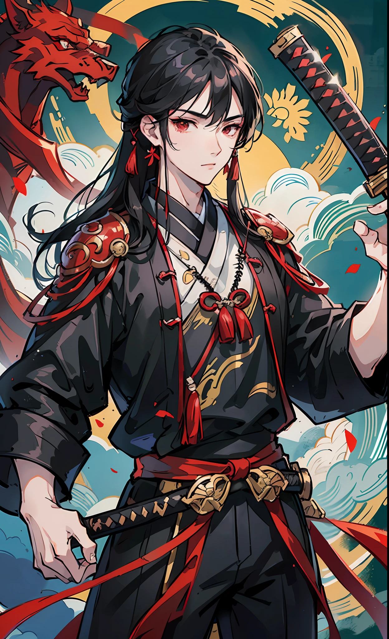 A Chinese young man in his daoist martial outfit holding a highly detailed katana,long black hair, dark night background, red eyes, highly detailed --auto --s2