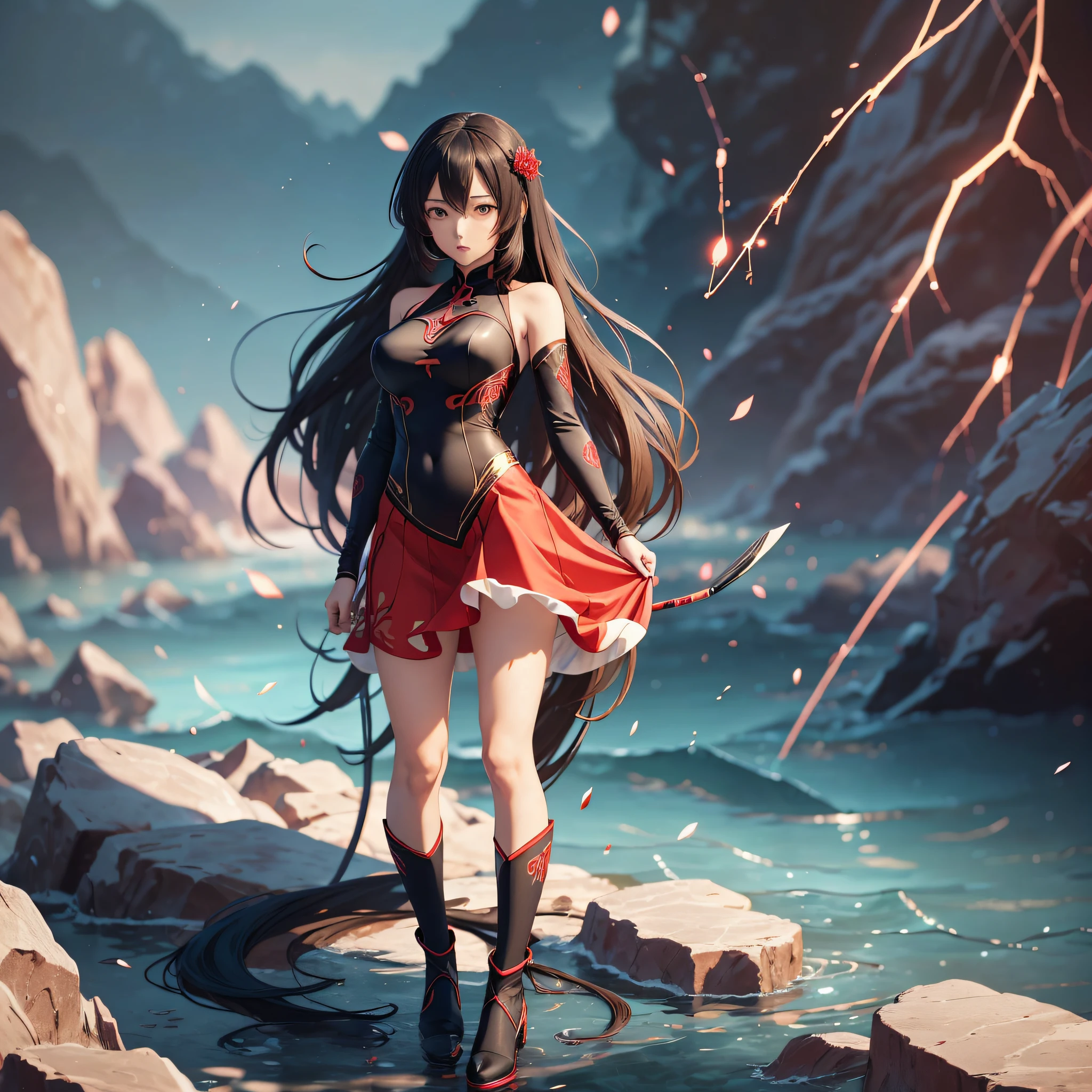 an anime girl, sensual, long hair, red dress patterned with black stick suit --auto --s2