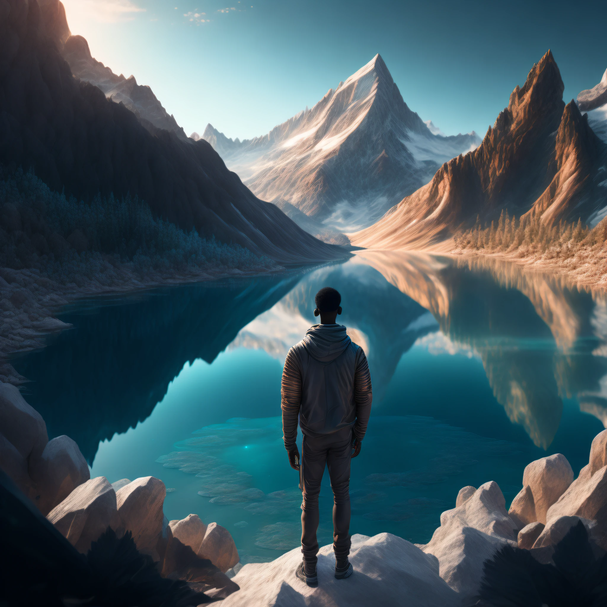 Highly detailed and intricate 8k concept art trend art of a black man on the edge of a crystal clear lake, looking at a mountain across the lake.