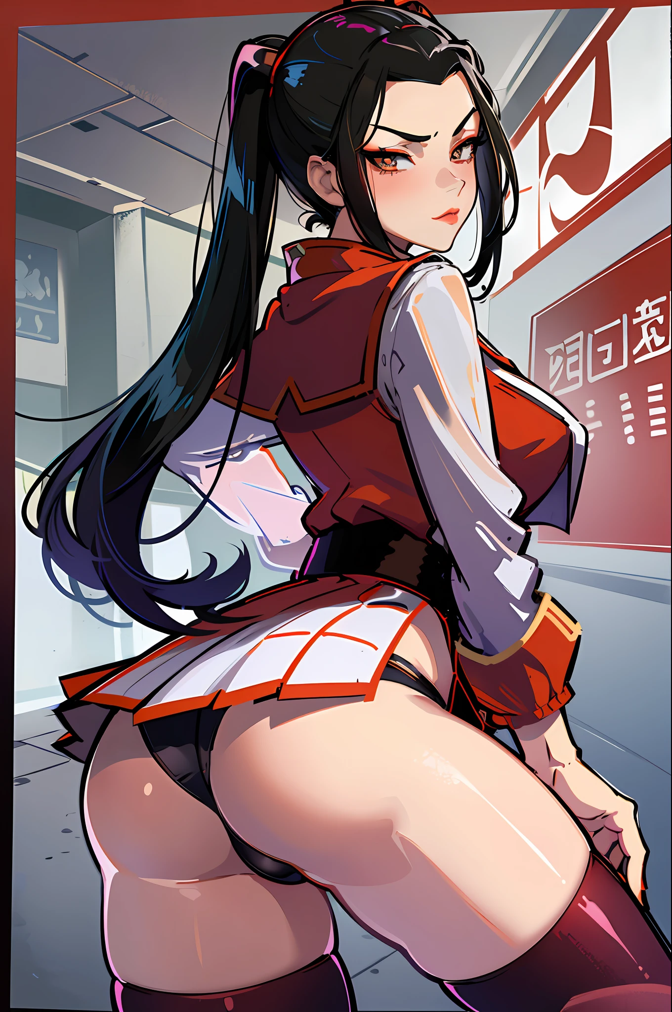 Masterpiece, Best Quality, Solo, 1girl, Azula, Closed Mouth, Smirk, Makeup, Neckline, (White Shirt, Extra Short Miniskirt, Panties), Wide Hips, Ass, Big Ass. standing, legs apart, lipstick, looking at the viewer, school background, erotica, gyaru, schoolgirl-whore