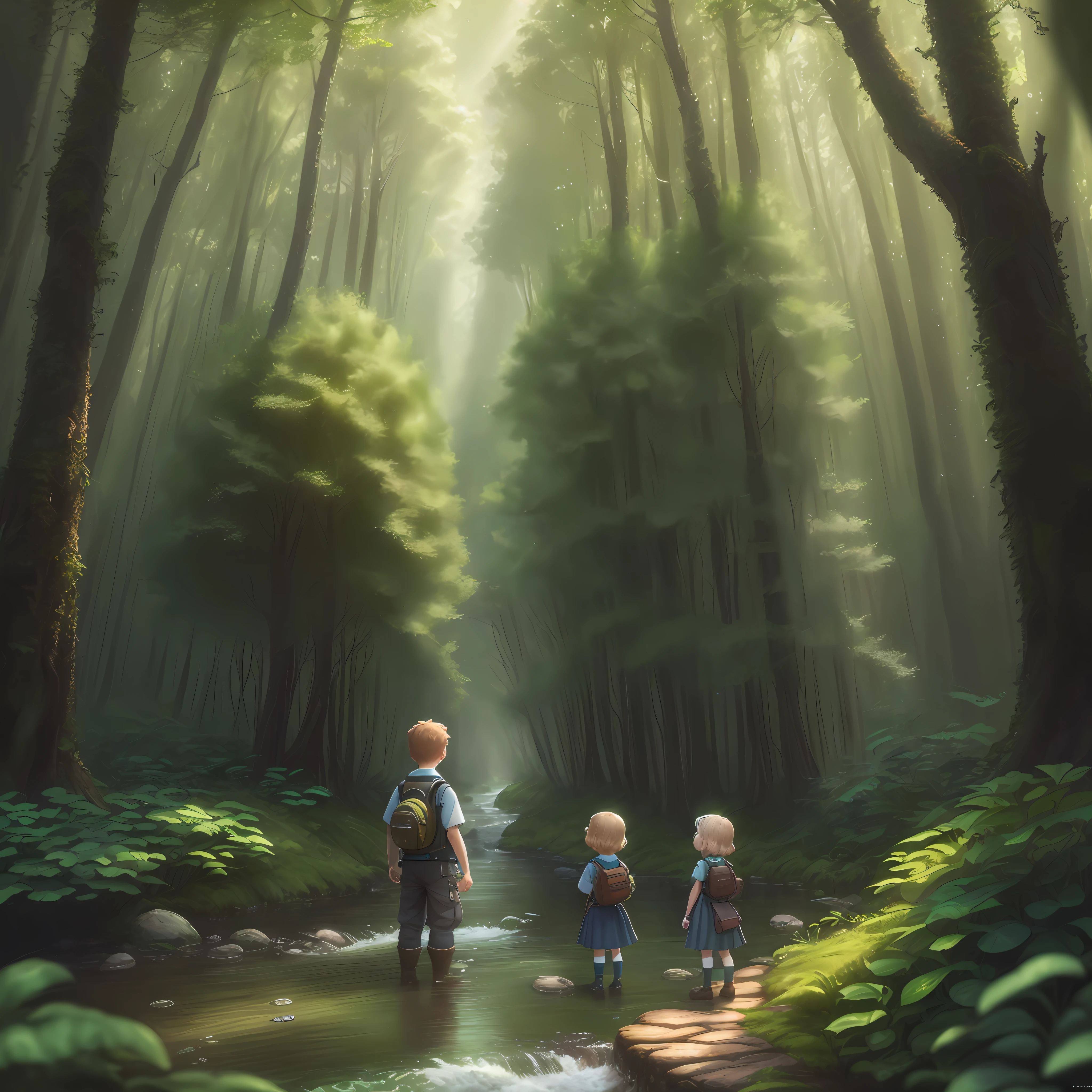 (extremely detailed CG unit 8k wallpaper, best quality, masterpiece), (forest, depth of field, airy) 3 children, curious and explorers, solving mysteries, Lucas, Sofia, Pedro, adventure, forest, curious, brave, mysterious, solve, save, enchanted, explore, curious, strange, rescue, investigate, toxic, river, city, clean, plants, animals.