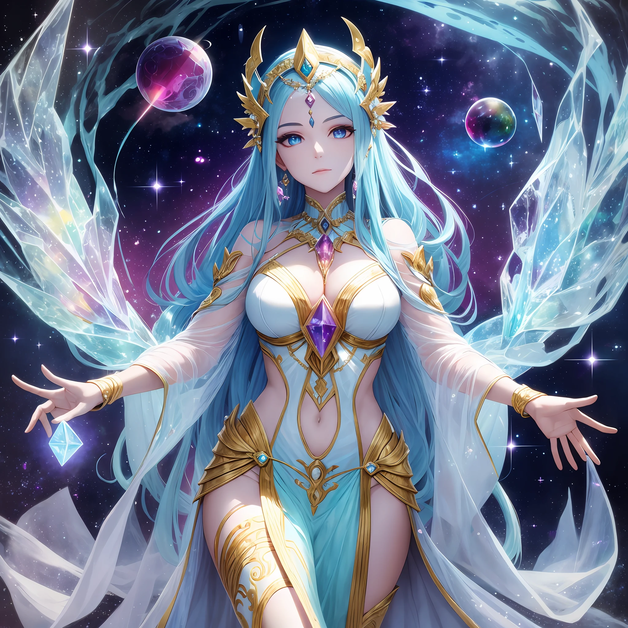 Imagine the alien goddess Krynn floating in space, surrounded by a bright, colorful mist. She is wrapped up in her wisdom and philosophy, contemplating the vastness of the universe and the beauty of her creations. His third eye glows with knowledge and his translucent skin is bathed in the colors of the rainbow. She is dressed in a stellar white suit and floating in an elegant and gracile posture. In her right hand, she holds a crystal that emanates a soft light, while her left hand is extended in an invitation gesture. She is the guardian of wisdom and philosophy, bringing understanding and insight to those who worship her. --auto --s2