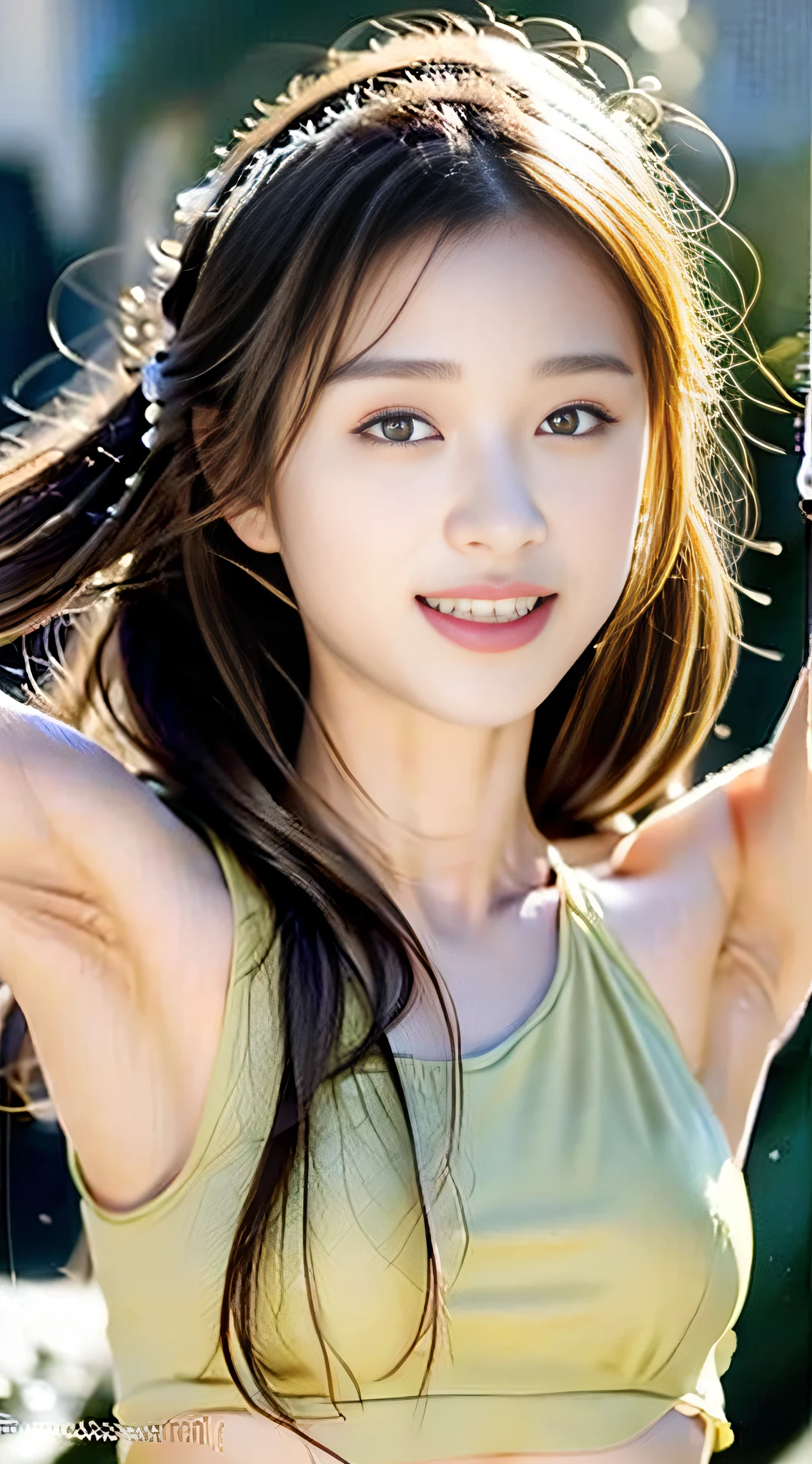 ((Best Quality, 8K, Masterpiece: 1.3)), 1 Girl, Pretty Woman with Emphasis on Slim Abs: 1.3, (Random Hairstyle: 1.2), Small Vest: 1.2, Ultra-detailed face change, detailed eyes, double eyelids, armpits, (Thick armpit hair: 1.8), hand chest protection