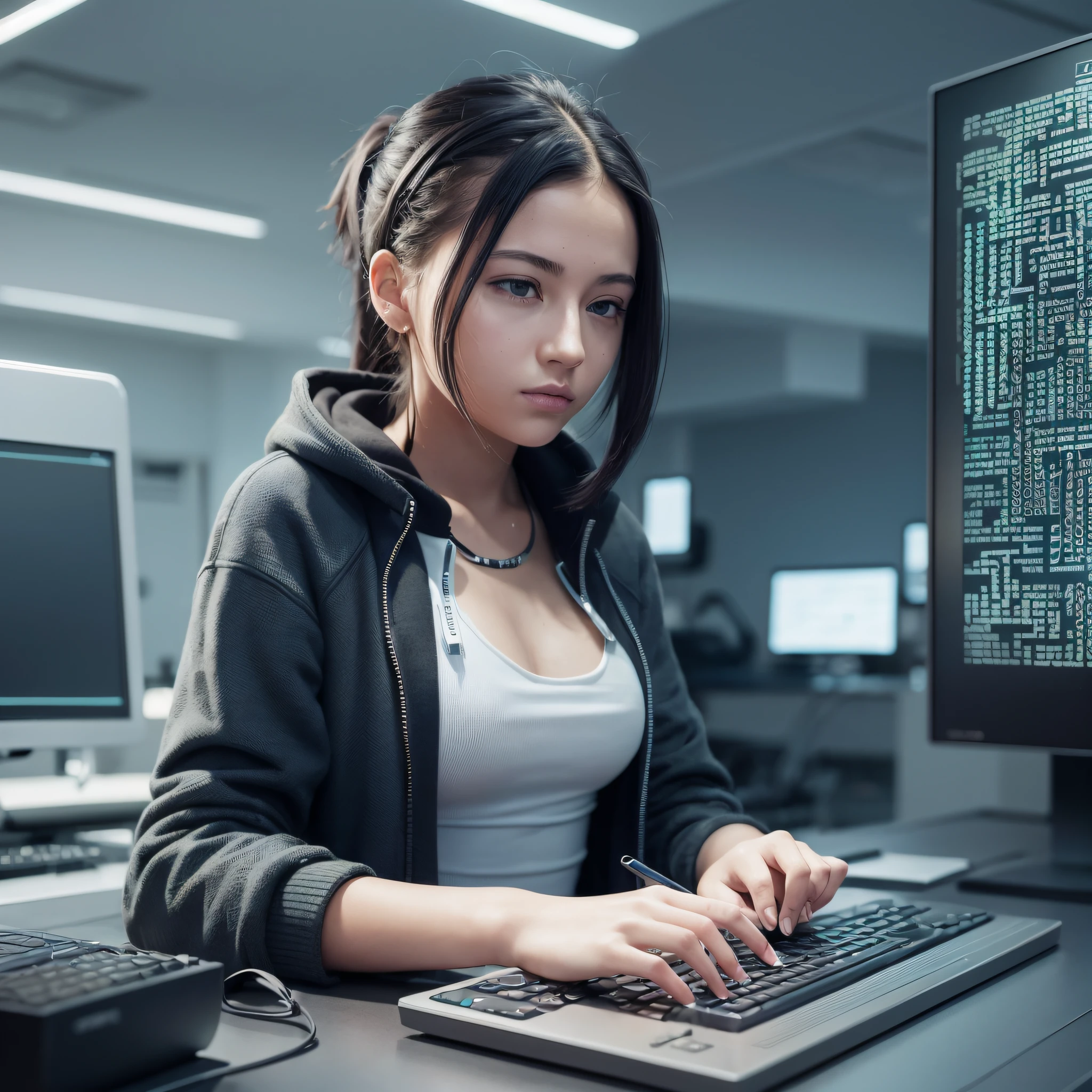 A Hyperrealistic photo, a female hacker typing codes on a computer, beautiful and aesthetic, photography, cinematic, 8k, high detailed --auto --s2