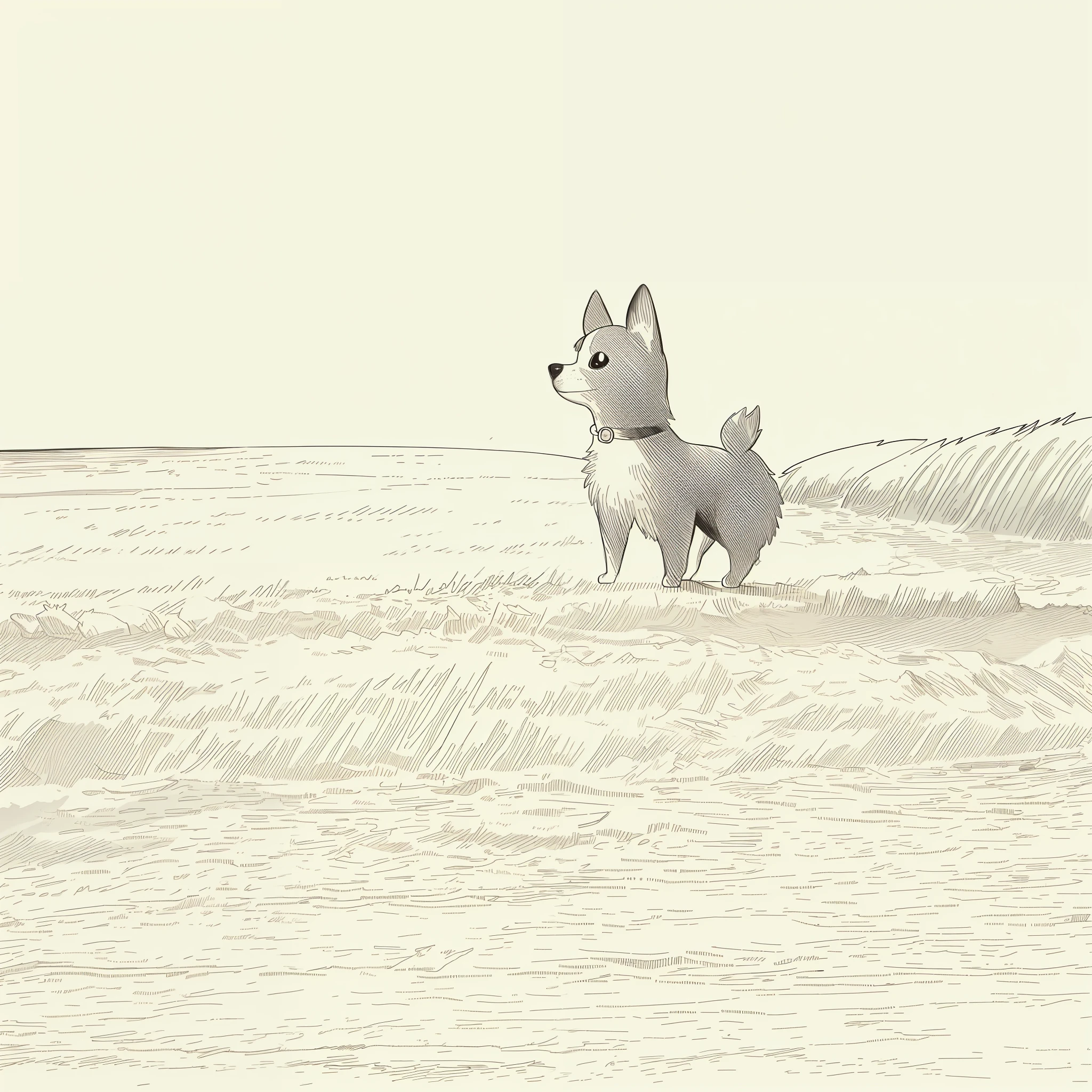 (High quality, 8k) line drawing, lineart, black and white, 1 cute and fluffy chihuahua dog on the beach