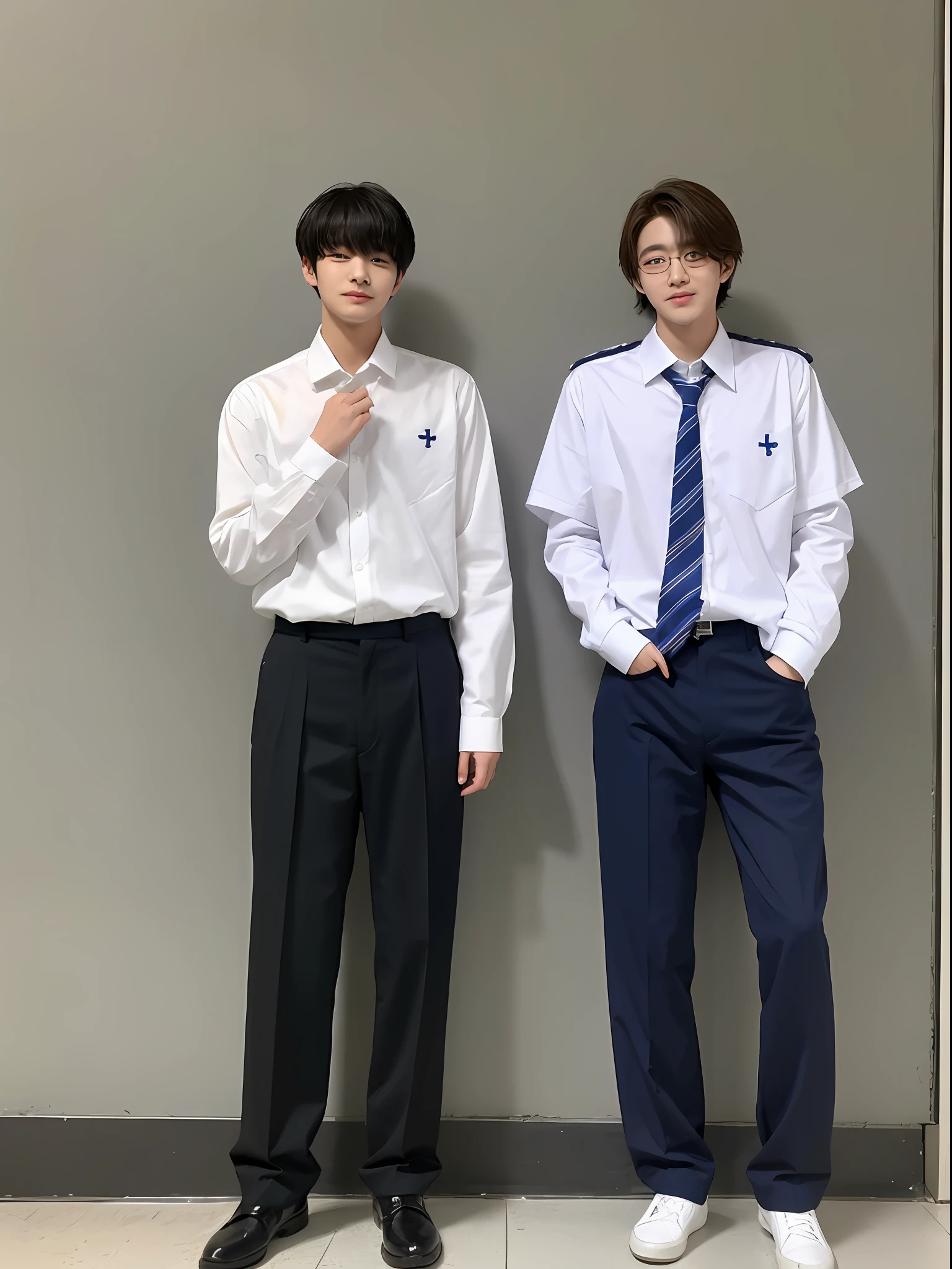 Two boys, bl, couple, Korean students with school uniforms cloth pants and white uniform shirt from Korean institutions one is shy and conformist and the other popular friendly and helpful, both in love