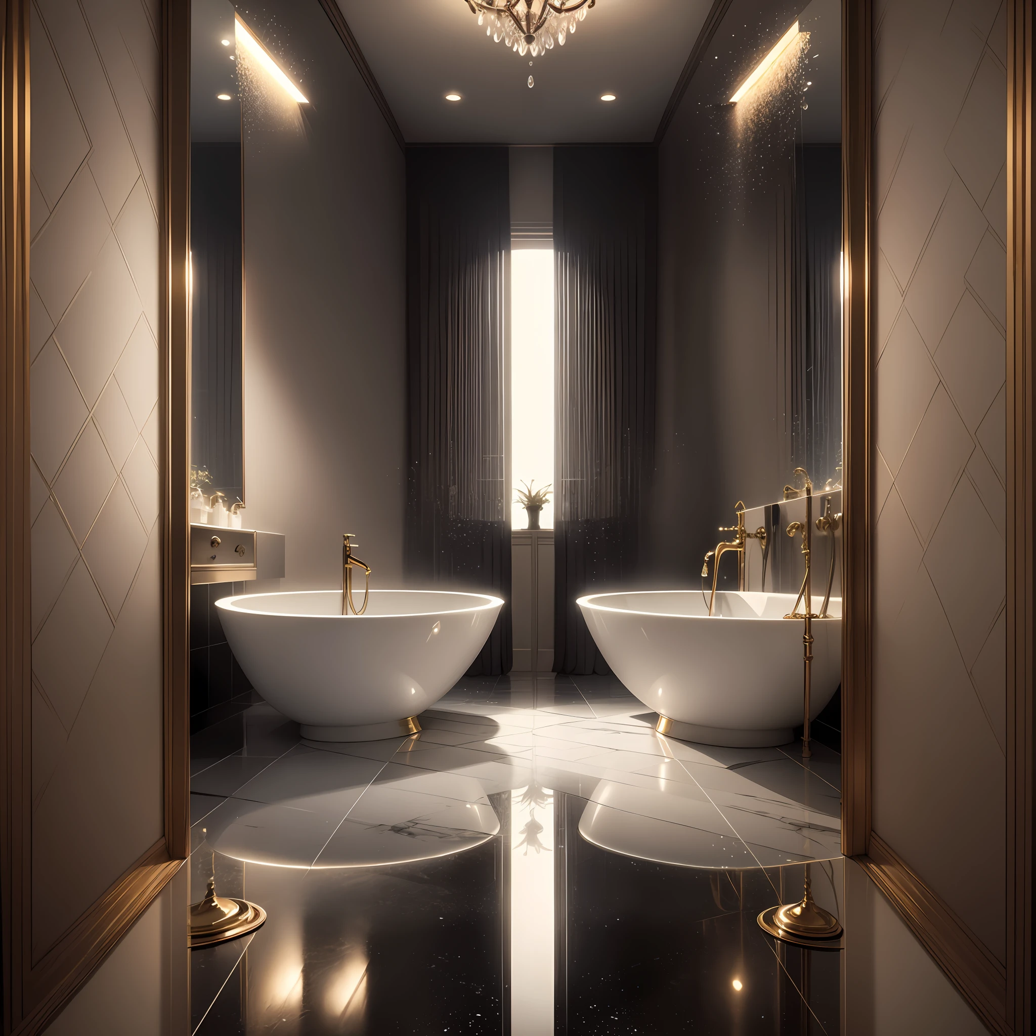 A photo taken in the luxurious bathroom, where the drops of water on the mirrored surface gently reflect the soft lighting.