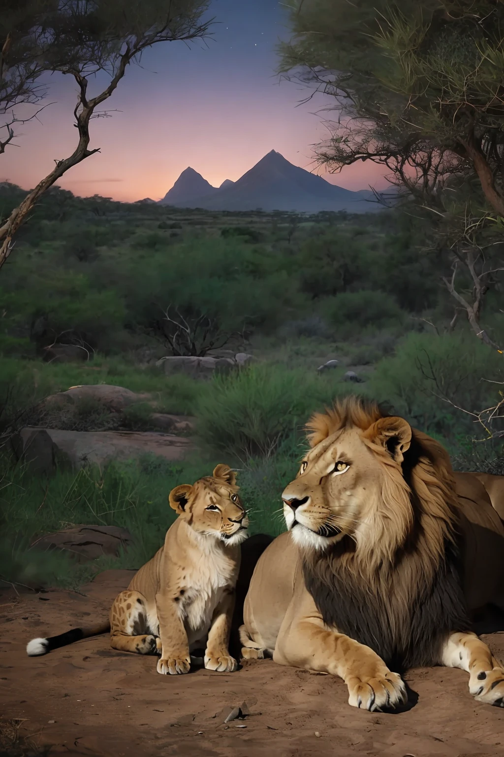 guttonerdreliberate1, ((Best quality)), ((masterpiece)), ((realistic)), A heartwarming wildlife portrait of a family of 5 lions, with the male lion father protecting his cubs as the female lioness watches serenely. The scene takes place amidst rocky surroundings on a dark, starless night. The soft moonlight casts a gentle glow, adding a touch of magic to the atmosphere. The painting captures the intricate details of the lions' fur, their expressions, and the dynamic playfulness between the cubs. The composition and brushwork create a realistic depiction that brings the scene to life. The focus is on the family's bond, displaying their love and unity. This artwork is a scenic masterpiece, transporting viewers to the heart of the African savannah.