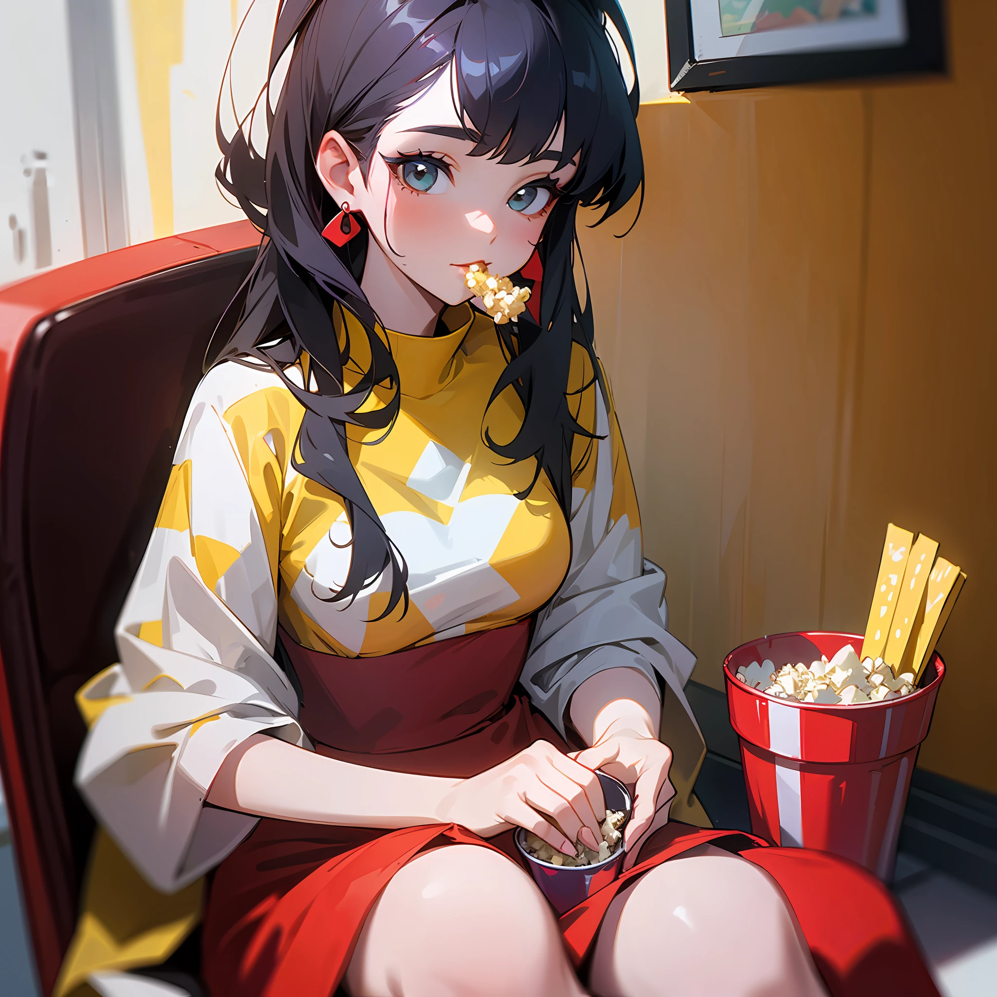 Young woman in red dress eating popcorn in a yellow bucket written POP4Ü --auto --s2