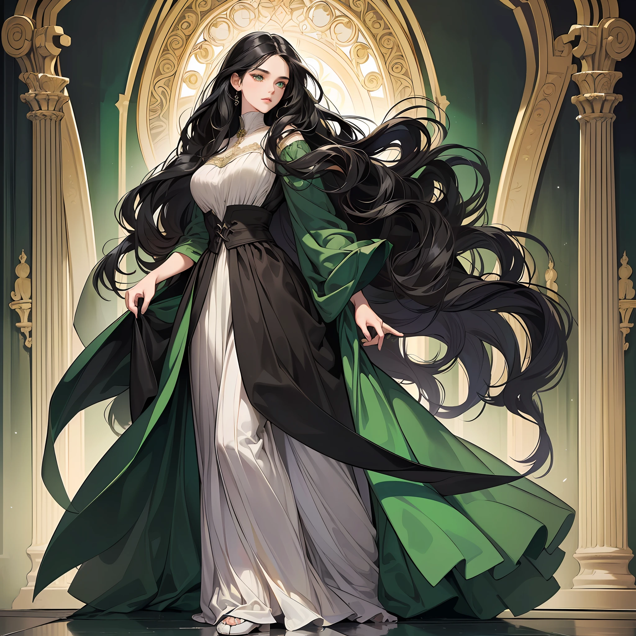 ((ultra detail, high resolution, ultra detailed, best quality, amazing, top quality, extremely detailed CG 8k wallpaper unit, cinematic lighting, semi-realistic)), ((medieval)), middle ages, dark ages, (((solo)), ((woman, mysterious woman, captivating woman, elegant woman, white woman)), ((full body, slender body)), ((enigmatic beauty, mysterious beauty)), ((black hair, black hair, deep black hair, silky hair,  soft wave hair, long hair, waist-deep hair)), ((detailed eyes, bright eyes, green eyes, intense green eyes, piercing eyes)), flawless skin, ((elegant clothes, sophisticated clothes, clothes in dark tones, classic elegant garments, elegant garments with modern elements, mix of classic and modern clothes)), unique look, charming look, impeccably groomed, vain, careful, meticulous
