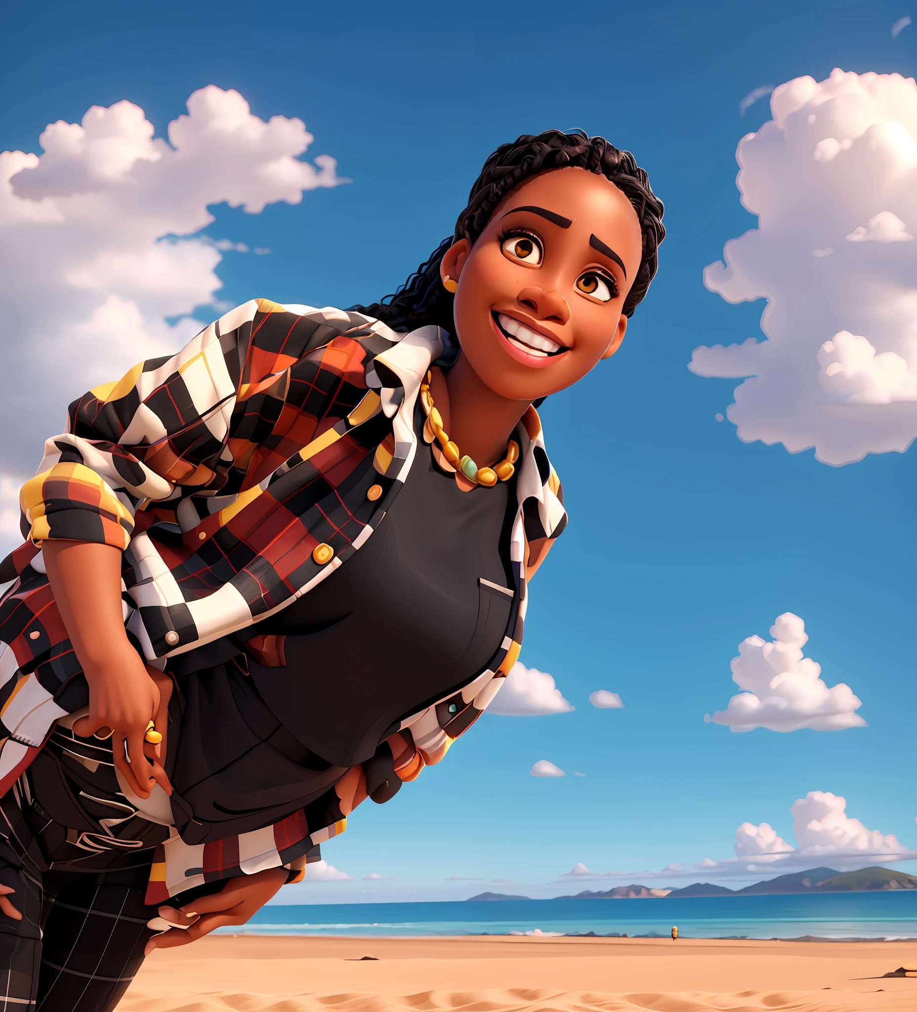 ((super realistic)) photograph of a black woman smiling dressed in plaid shirt and black cool trousers posing for a picture on a sunny beach, laura zalenga, earing, full smiling pose, headshot profile picture, Imane Anys-esque, headshot photo, by Ella Guru, ((oversaturated)), edited, casual pose, photo taken in 2023, smiling playfully