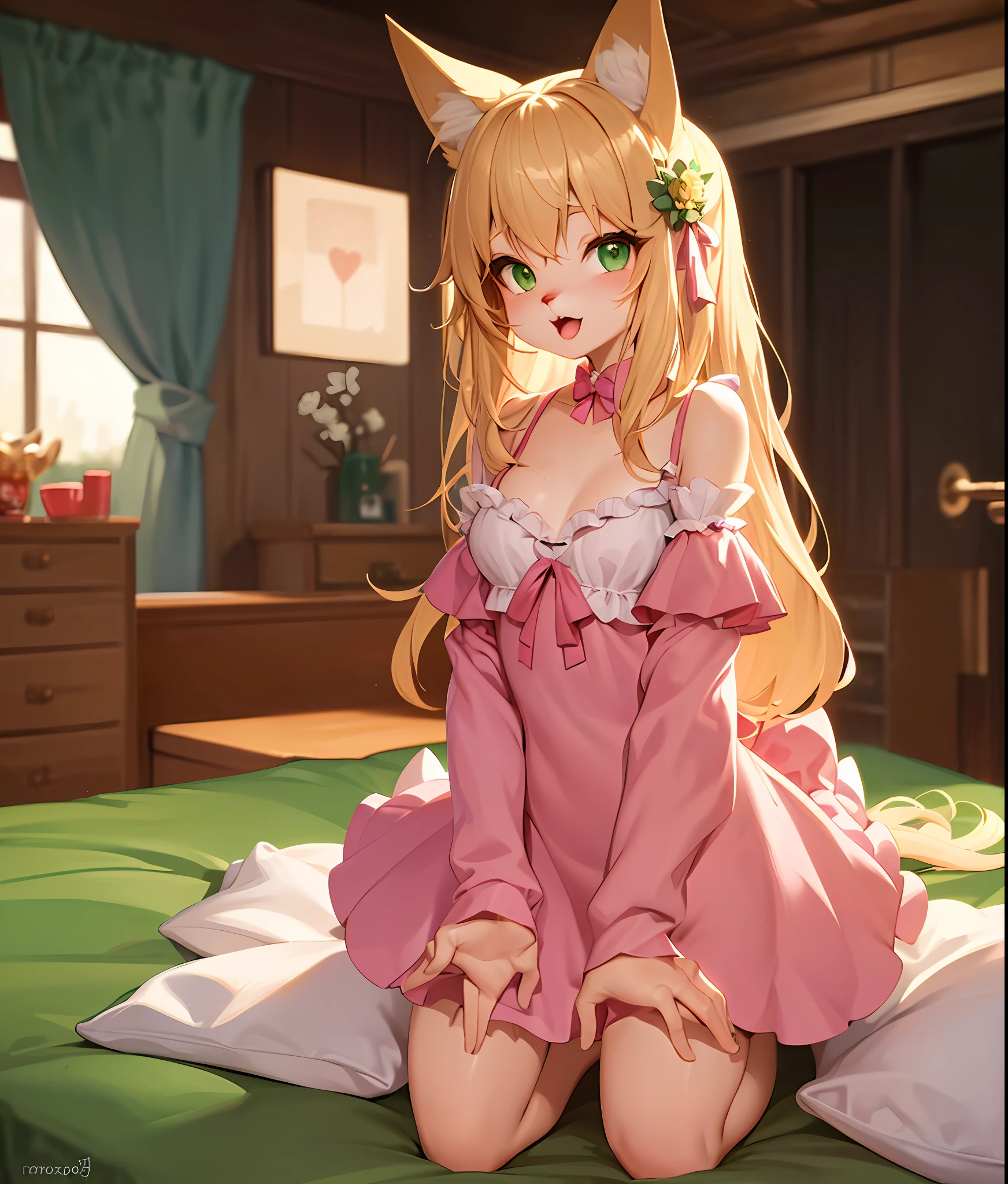 (cute Anthro Furry:1.3), small breasts, 1girl, solo, blonde hair, (green eyes:1.2), fox ears, pink dress, kneeling beside the bed of a cute detailed room with open mouth and sexy face