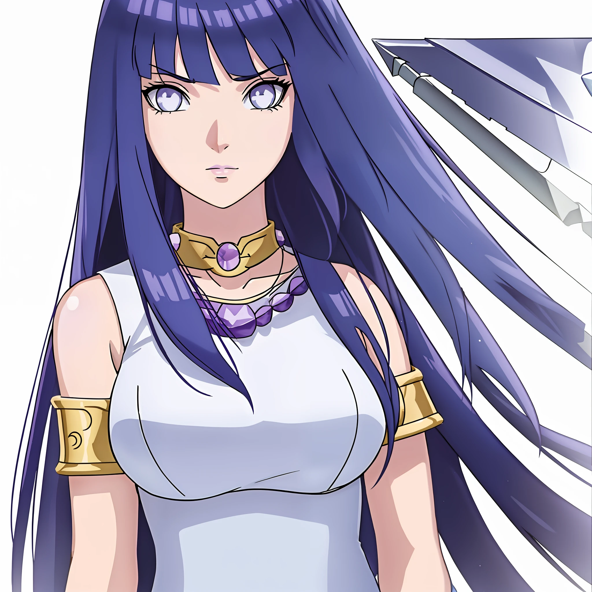 1 girl, solo, Kido_Saori, big_breasts, (((dark blue hair))), purple_eyes, staff, ((white_dress)), armlet, jewelry, blunt bangs, hinata/(boruto/), necklace, (sleeveless dress, white dress) upper body, serious, staff, jewelry athena (saint seiya) saori kido_saori , white_dress, (simple background, white background)