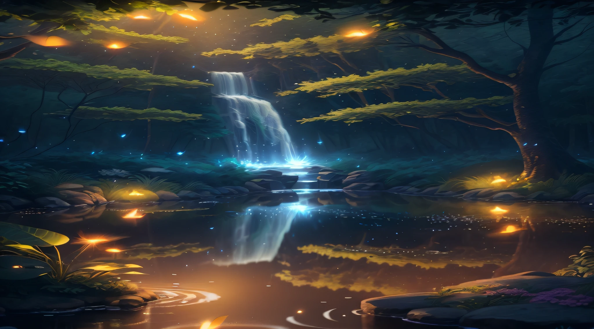 Masterpiece, best quality, (very detailed CG unity 8k wallpaper), (best quality), (best illustration), (best shadows), glow sprite, with a glowing deer, in the swimming pool Drinking water, natural elements in the forest theme. Mysterious forest, beautiful forest, nature, surrounded by flowers, delicate leaves and branches surrounded by fireflies (natural elements), (jungle theme), (leaves), (twigs), (fireflies), (particle effects) etc. 3D , Octane rendering, ray tracing, super detailed
