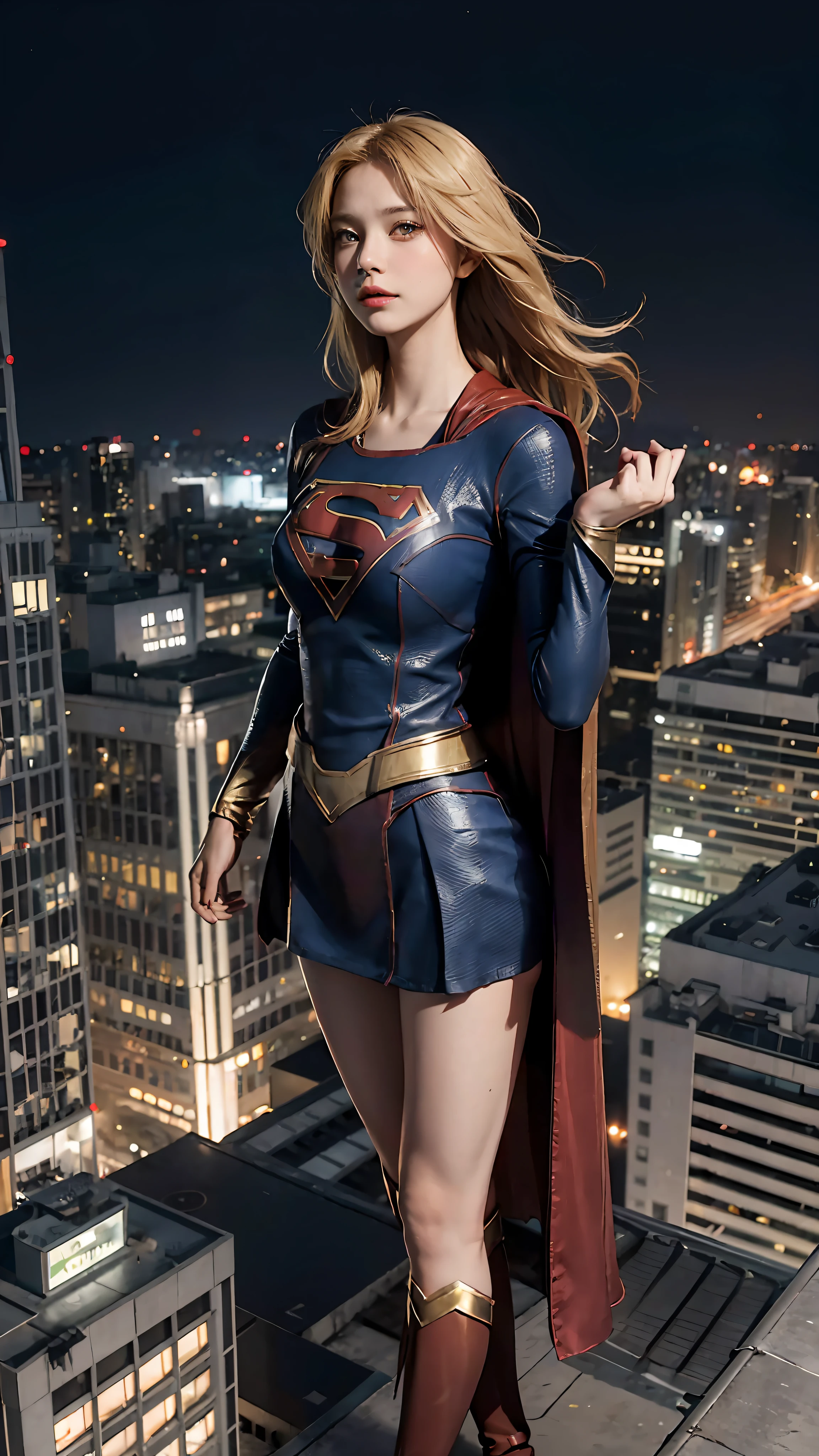 Woman alone, Supergirl costume dress, medium breasts, blonde, night, city, lots of buildings, one arm raised, looking up, looking at camera, from afar, standing on the roof of a building
