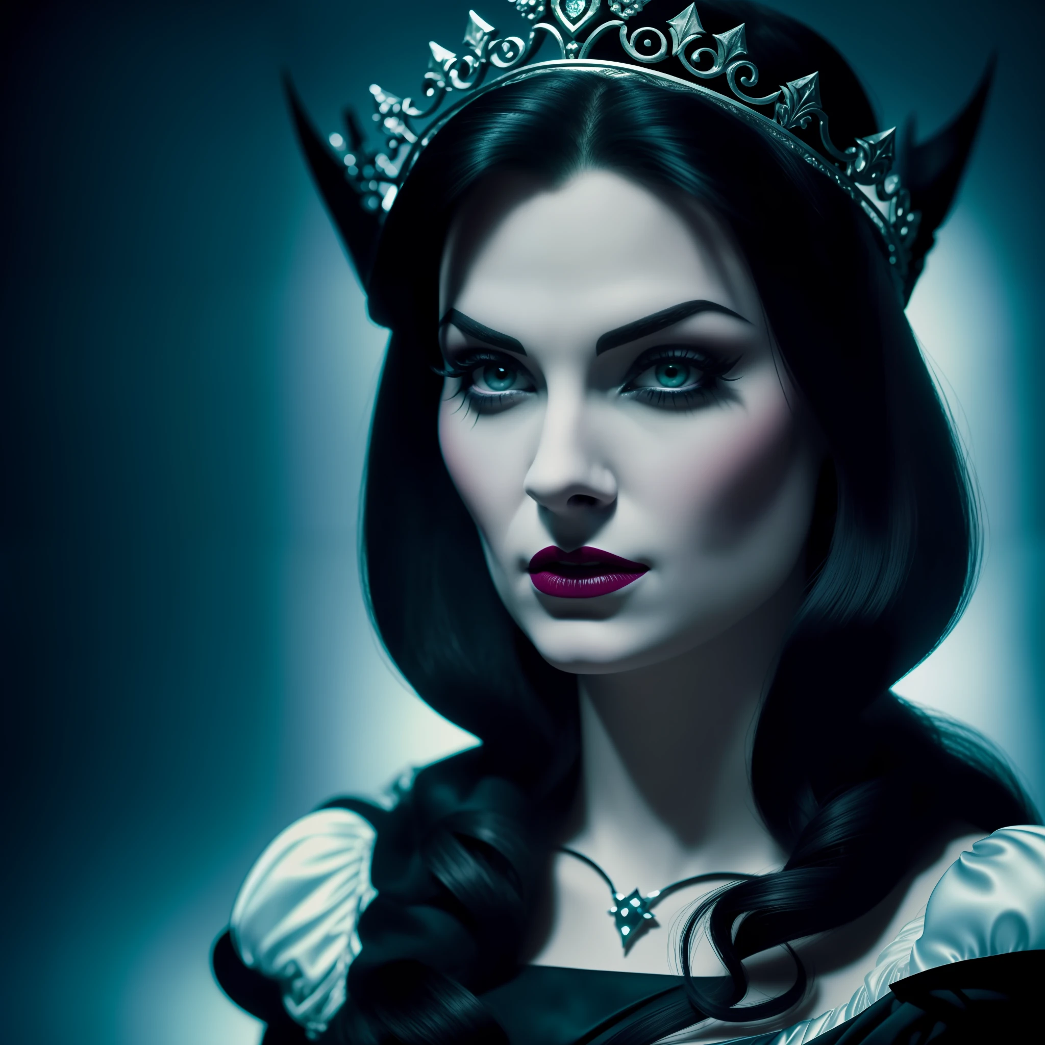 , a closeup of a woman wearing a crown, female disney villain, disney villain, evil princess, pale snow white skin, scary queen of death, portrait of snow white, villainy, snow white, & her expression is solemn, but a stern look at her, the queen of hearts, snow white as a d and d fighter, evil villain, high quality, CINEMATIC SCENE, 8k image, high image quality