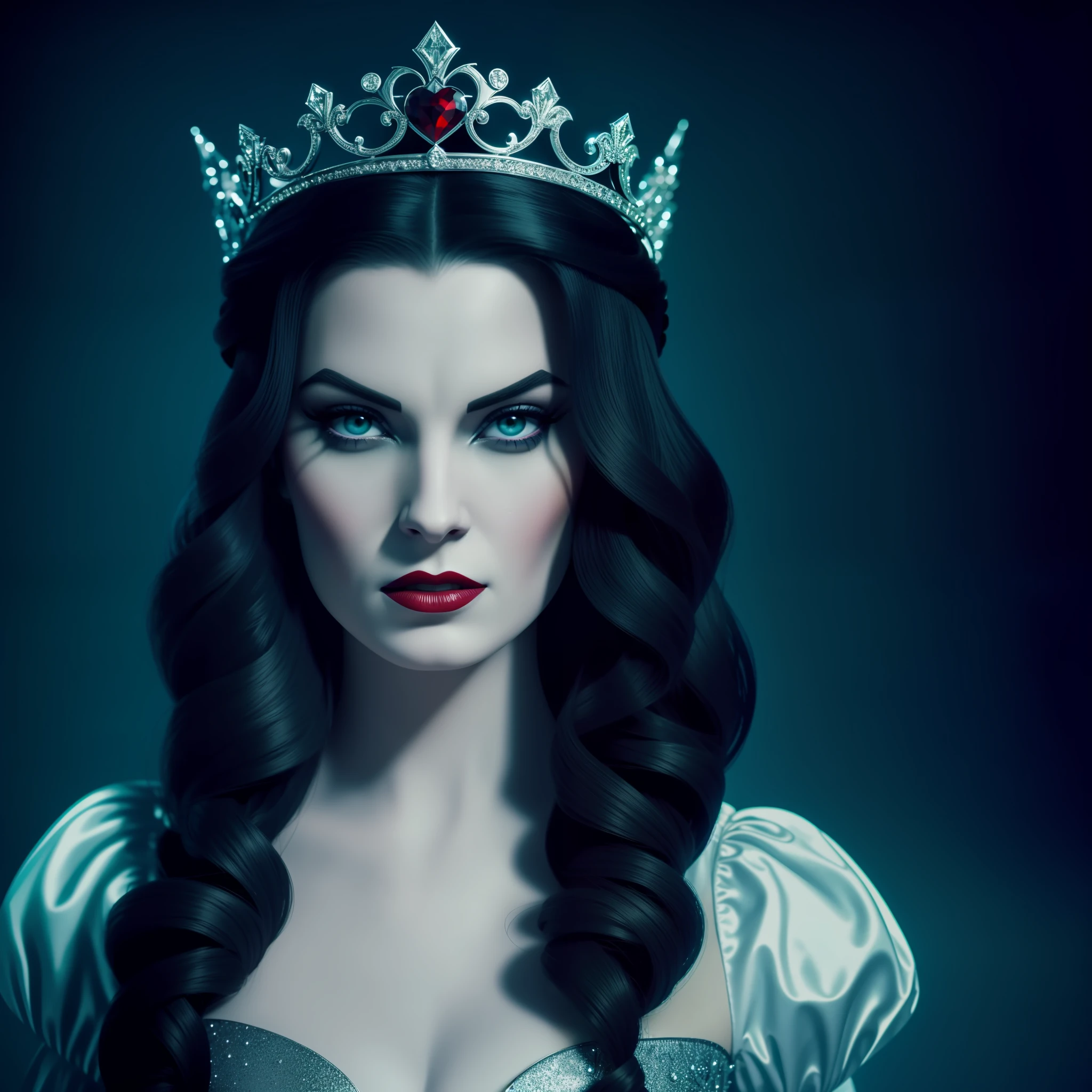 , a closeup of a woman wearing a crown, female disney villain, disney villain, evil princess, pale snow white skin, scary queen of death, portrait of snow white, villainy, snow white, & her expression is solemn, but a stern look at her, the queen of hearts, snow white as a d and d fighter,  evil villain, high quality, CINEMATIC SCENE, 8k image, high image quality