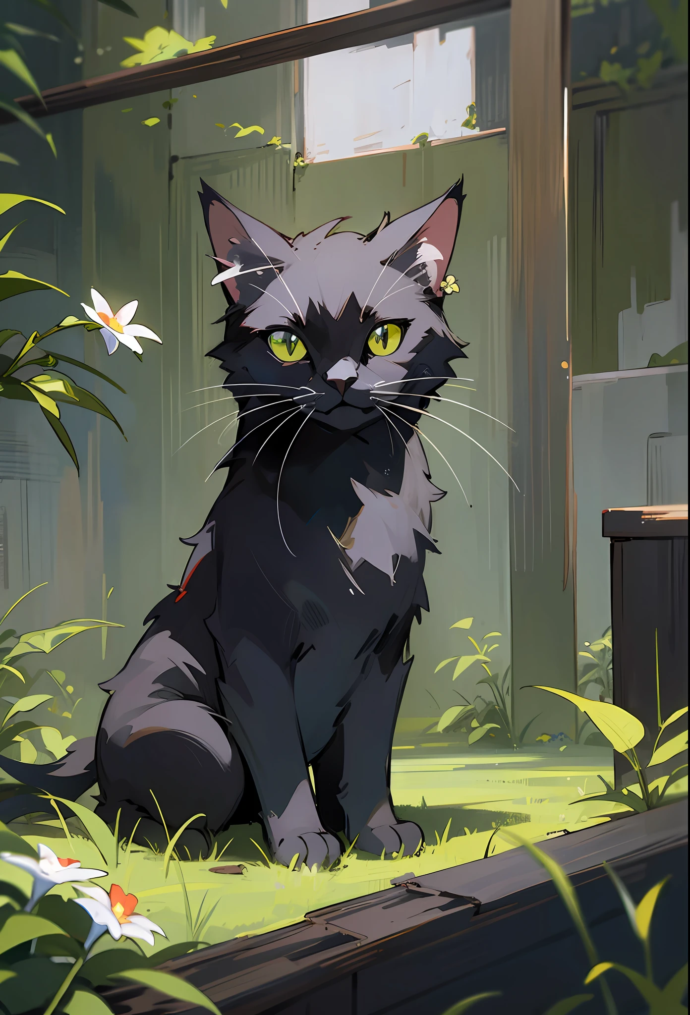 Black cat holding flower