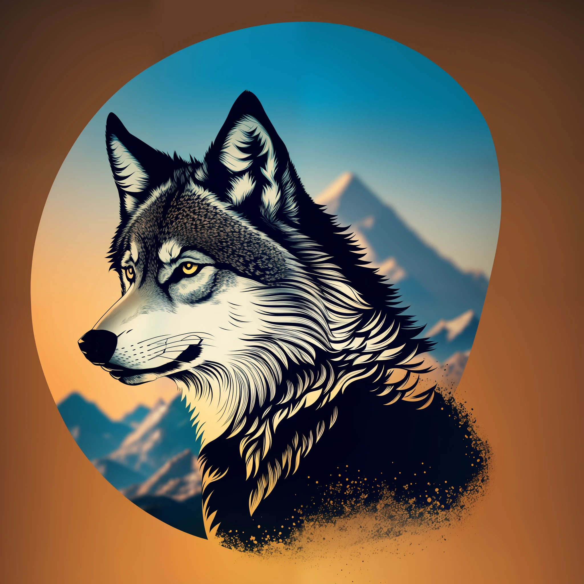 Logo 2D, Silhouette of wolf mix with mountain silhouette behind, 8k.