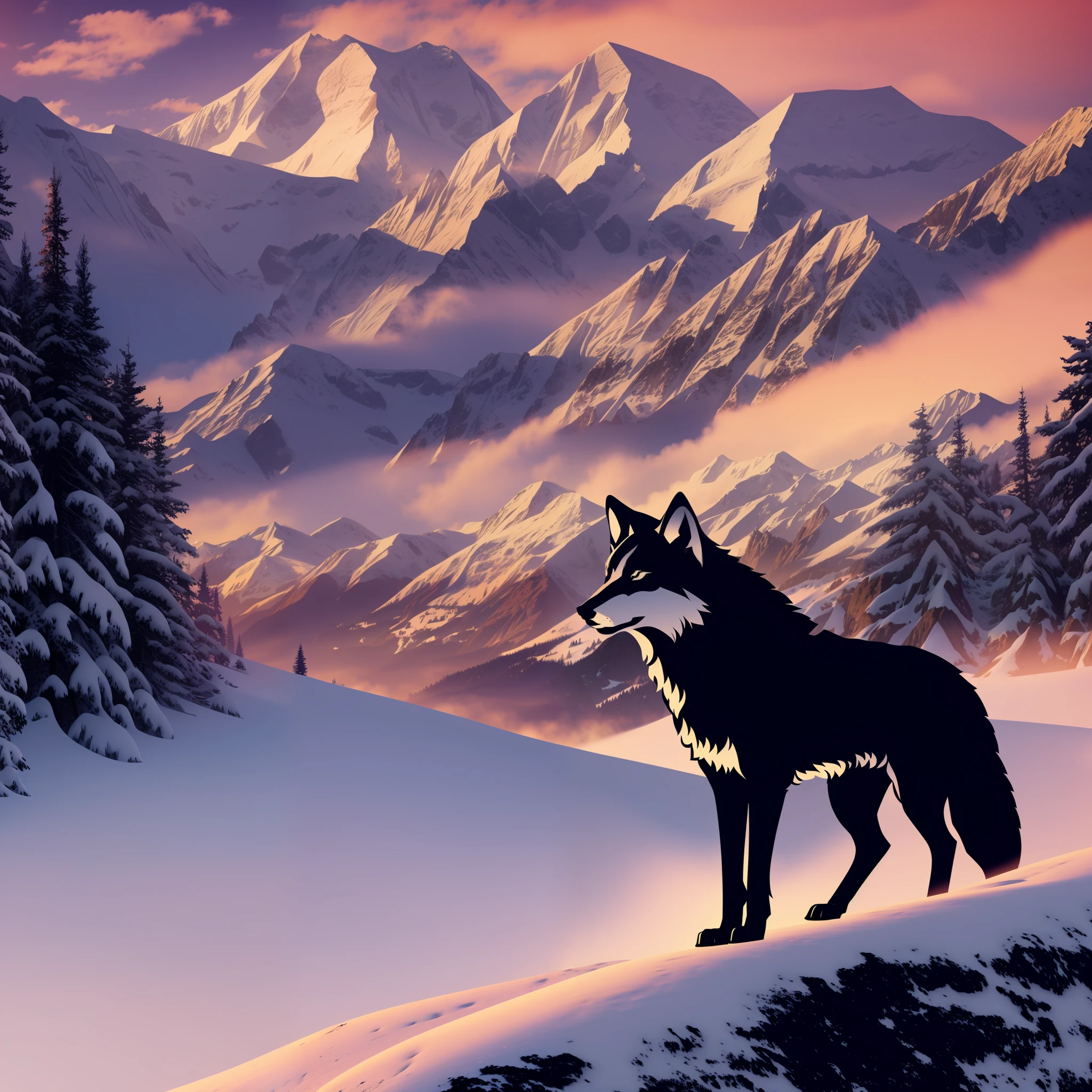 Logo 2D, Silhouette of wolf mix with mountain silhouette behind, 8k.