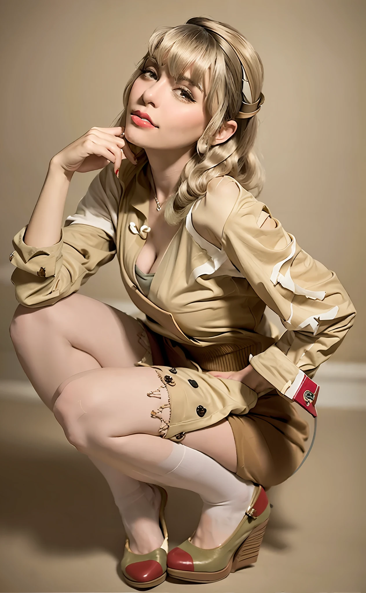 painting of a woman style pin up, pin up, layered painting, multi layer painting, hyper realistic. colors in shades of beige, beige, diffused ambient light, beige socks, beige pantyhose, transparent shoes, Vargas style