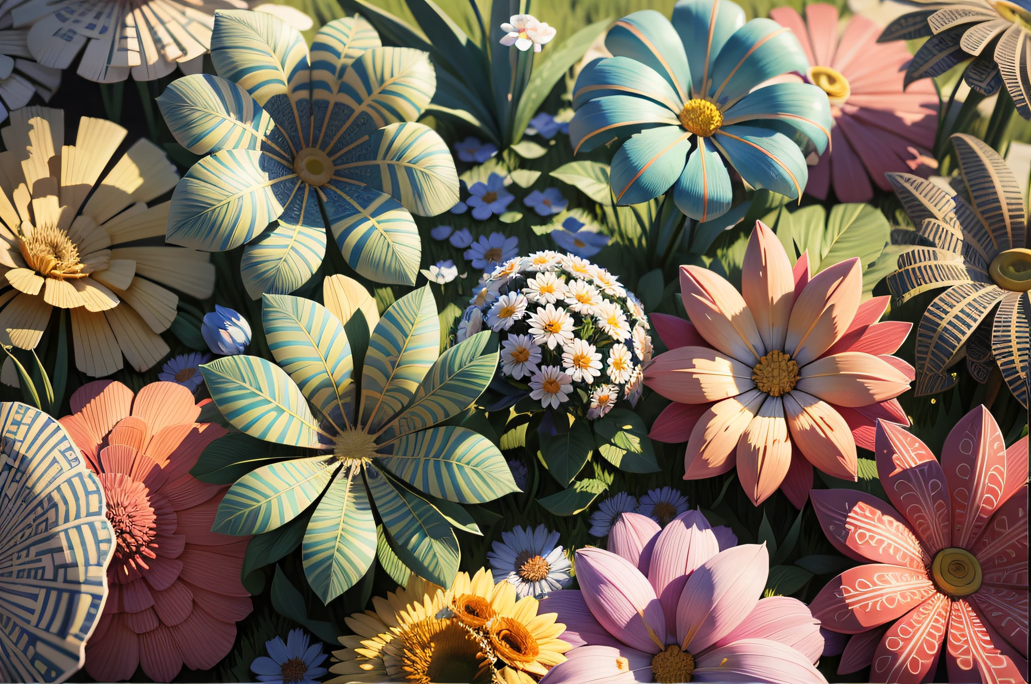3D Flower Patterns, --AR 3:2, --tile , equirectangular 360, Highres, [(art by Willi Baumeister: 1.1), (art by John T. Biggers: 1.2)::17], official art, 8k unit wallpaper, ultra detailed, aesthetic, masterpiece, best quality, photorealistic --auto --s2