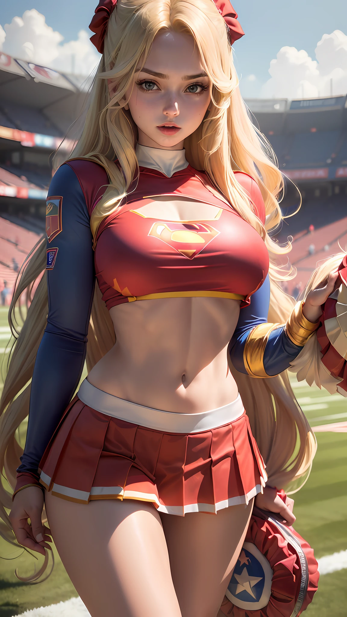 ((Best quality, masterpiece, absurdists)) supergirl:1.5, 1girl,woman((19 years old, huge breasts, long blonde hair)) ,wearing cheerleader uniform (( cropped top short long sleeve and pleated red supergirl skirt)),sexy body, cute girl , bathing suit, perfect body, warm with bright sun, cheerleader supergirl costume, american football stadium,pompons