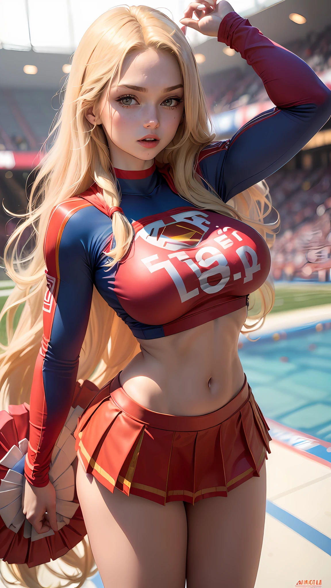 ((Best quality, masterpiece, absurdists)) supergirl:1.5, 1girl,woman((19 years old, huge breasts, long blonde hair)) ,wearing cheerleader uniform (( cropped top short long sleeve and pleated red supergirl skirt)),sexy body, cute girl , bathing suit, perfect body, warm with bright sun, cheerleader supergirl costume, american football stadium,pompons