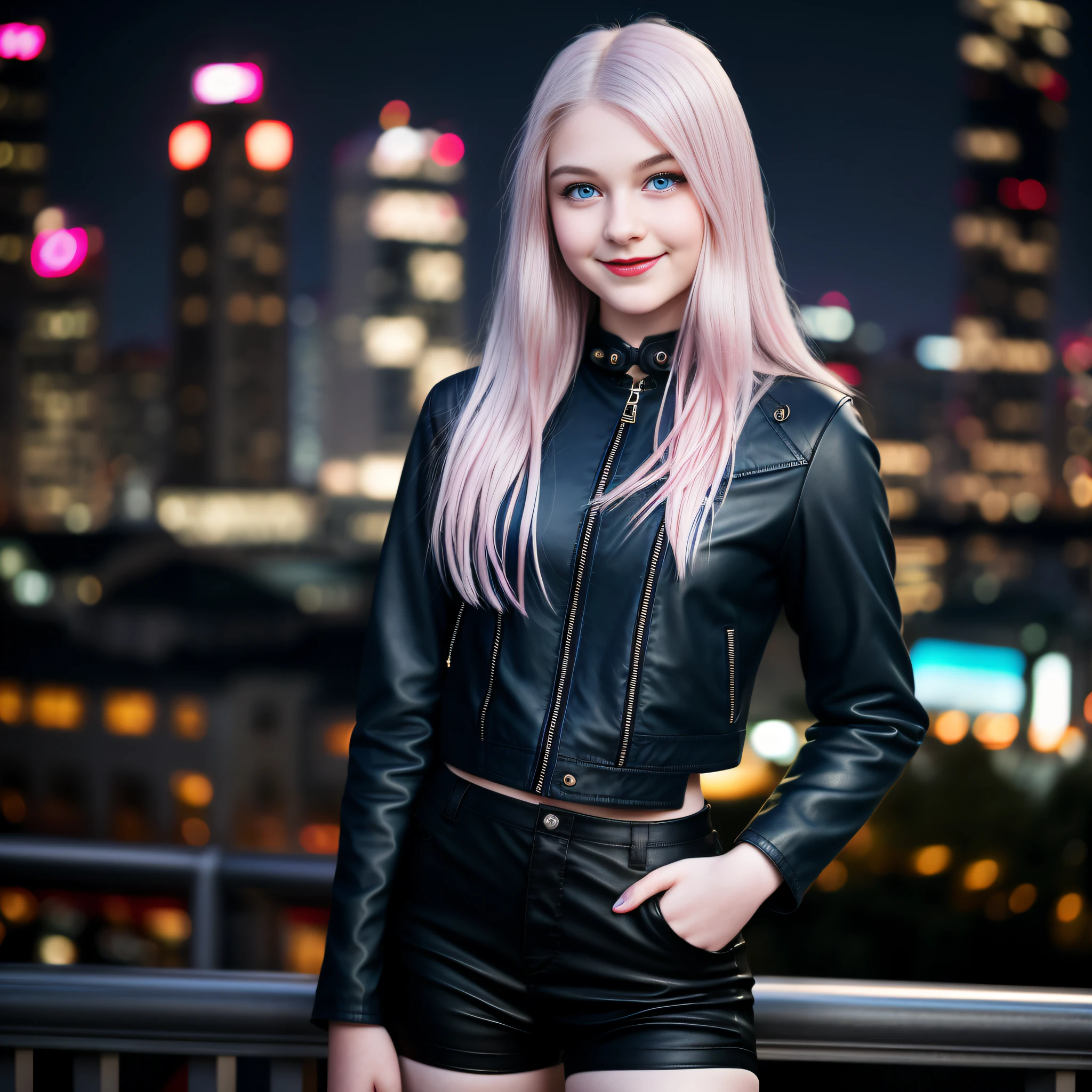 realistic and beautiful 17 year old girl with red lipstick, rosy cheeks, big blue eyes lined up horizontally near the nose, thin eyebrows, long and straight blue and light pink hair, wearing a closed black leather jacket,with a spike strap,black pants, standing,with shy smile, captured in full body, in 100k resolution with an 18mm lens at f/1.8 aperture,  with a blurry background of an urban city at night with illuminated buildings