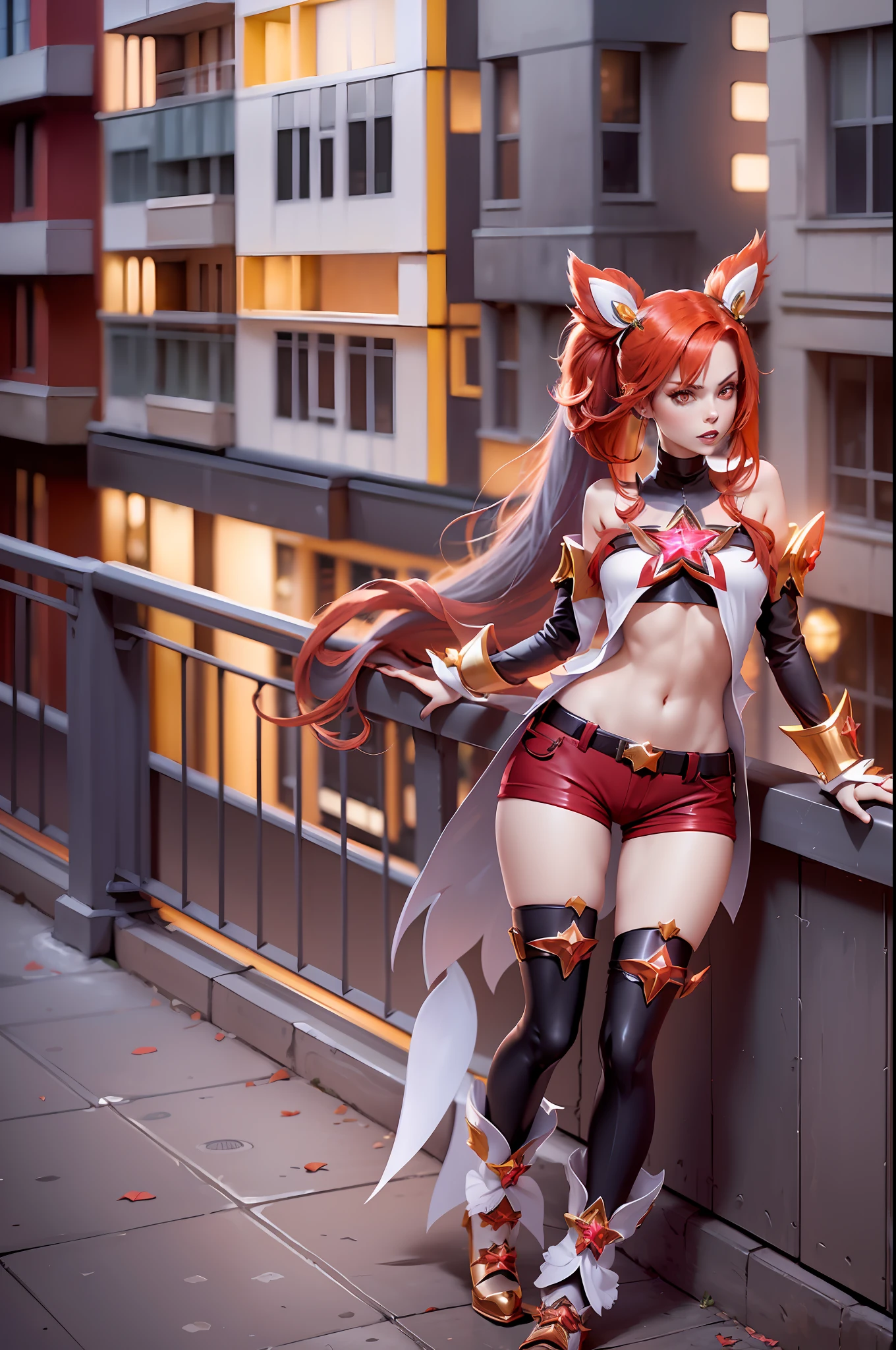 very detailed full body photo, + (gorgeous slim body) cosplayer wearing full Jinx Starkeeper outfit Angry face in high definition, beautiful face + (Jinx red hair Red Star Guardian) + (red color eyes) plastic kitten ears + (wearing red color shorts), standing leaning against a balcony + ( white color balcony ) , in the background a city at night + (gray color buildings)