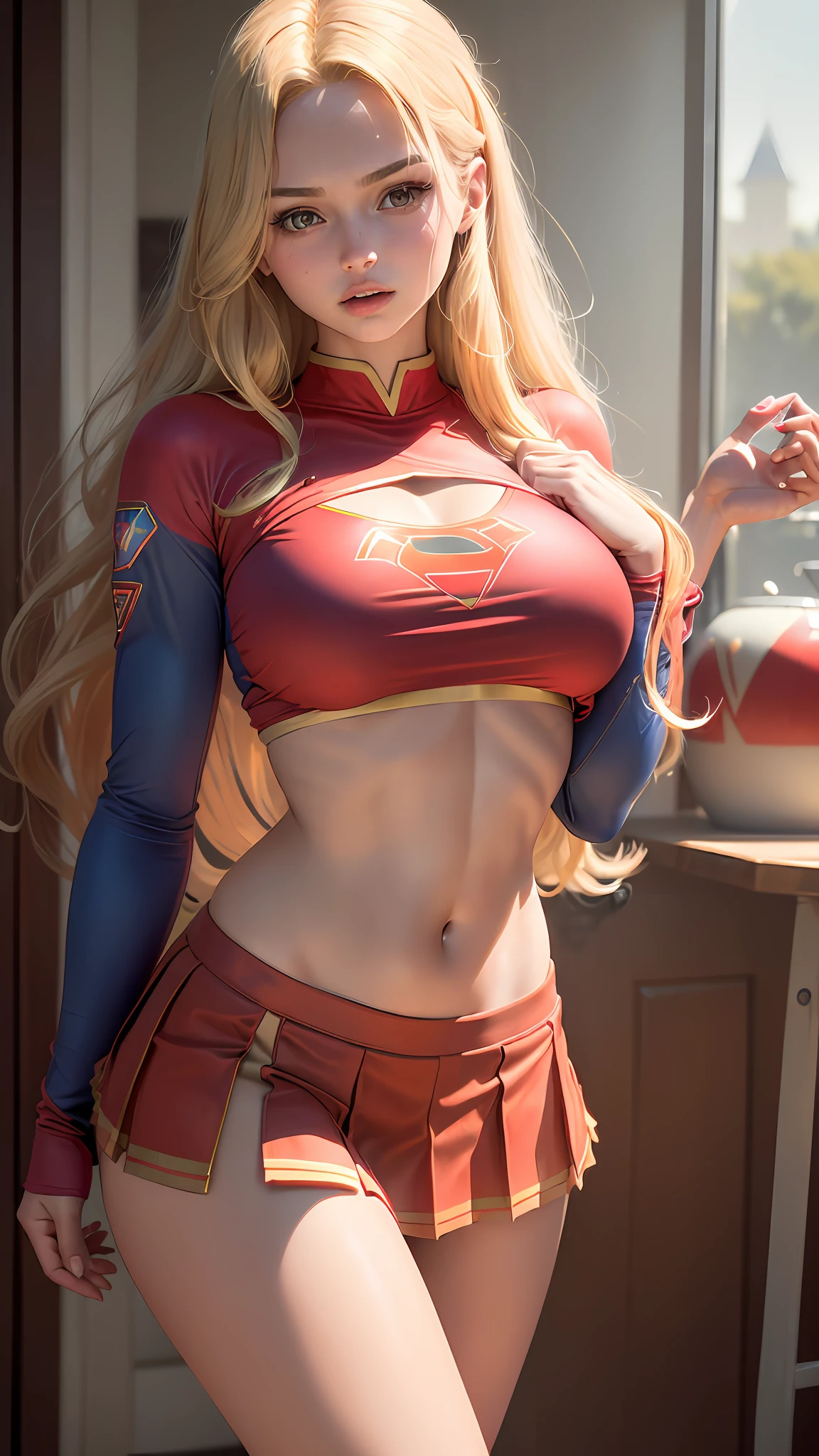 ((Best quality, masterpiece, absurdists)) supergirl:1.5, 1girl,woman((19 years old, huge breasts, long blonde hair)) ,wearing cheerleader uniform (( cropped top short long sleeve and pleated red supergirl skirt)),sexy body, cute girl , bathing suit, perfect body, warm with bright sun