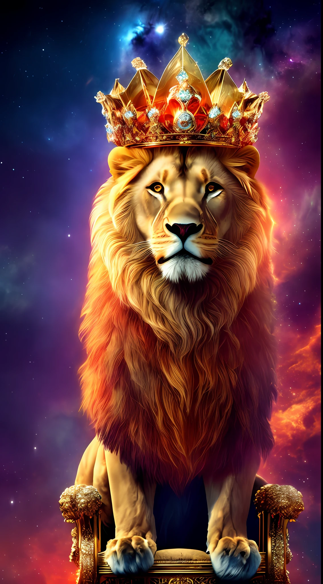 human with lion's head sitting on the king's throne, wearing a perfect crown, sense of grandeur and depth, cinematic scenery, colors that bring tranquility and peace, beautiful nebula in the background, perfect face, perfect body, full body in the photo, best quality, realistic texture, best rendering, 8k, HDR, high contrast, high resolution.