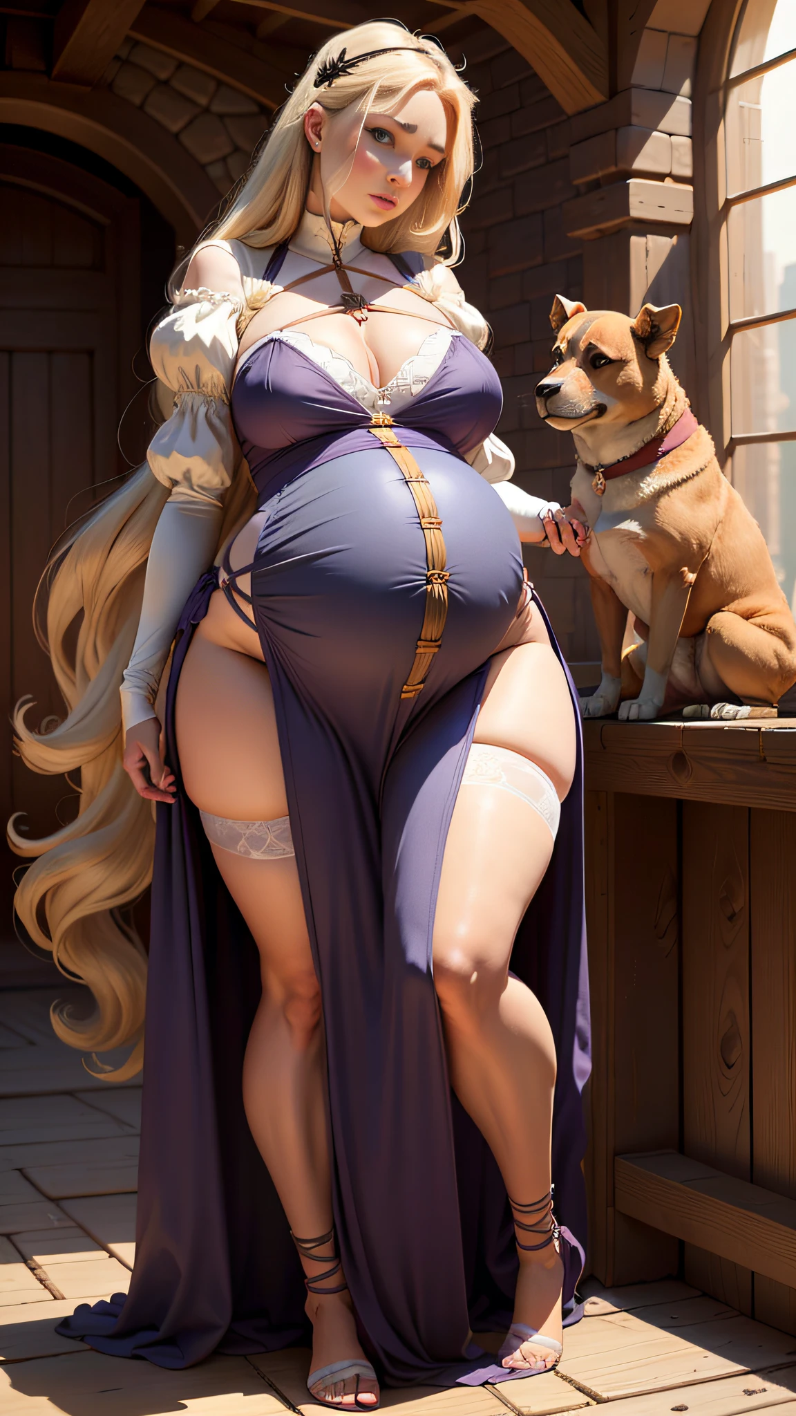 Rapunzel, pregnant, nursing the baby, big big ass, big camel's foot, big crotch, dog position, full body, thin panties, pregnant, giant, wide breasts, panties punched in the crease, bondage.