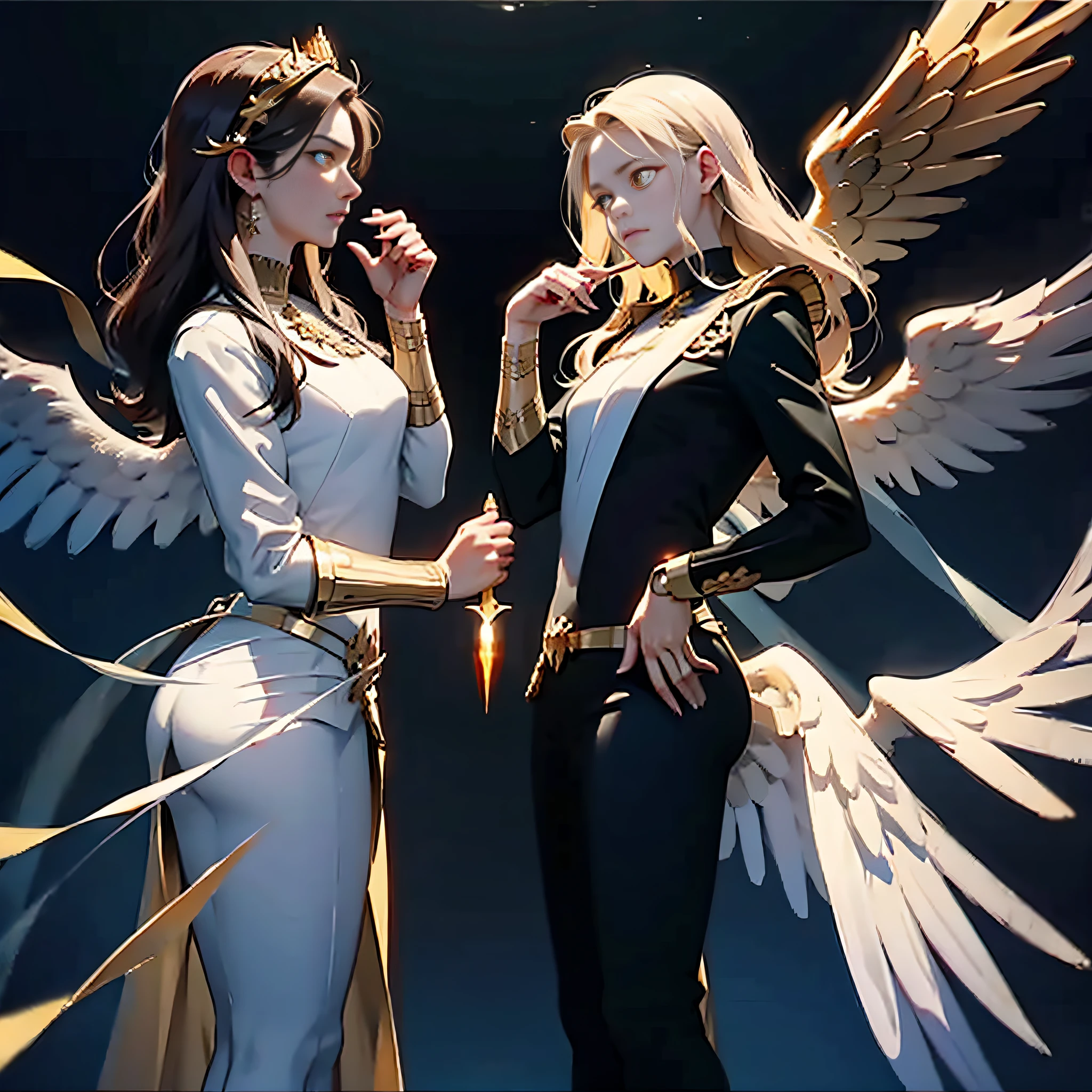 Golden eyes, contempt, hands holding two knives, angel wings,