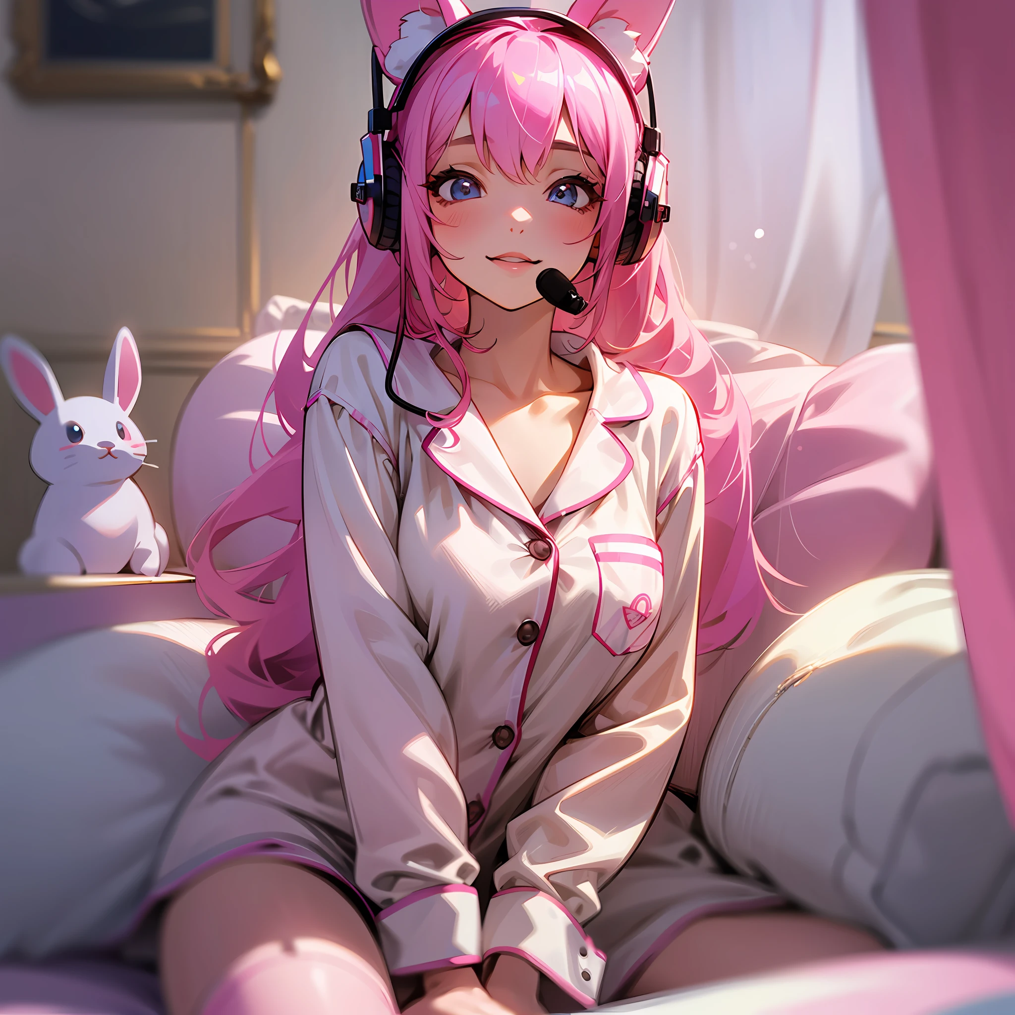 A super cute image captures a girl sitting on her bed, wearing plush pajamas. Her eyes sparkle with joy as she wears a large pink headset shaped like rabbit ears. Every detail is portrayed with realism, from the soft textures of the pajamas to the delicate details of the headset. The scene is like a cozy dream --auto --s2