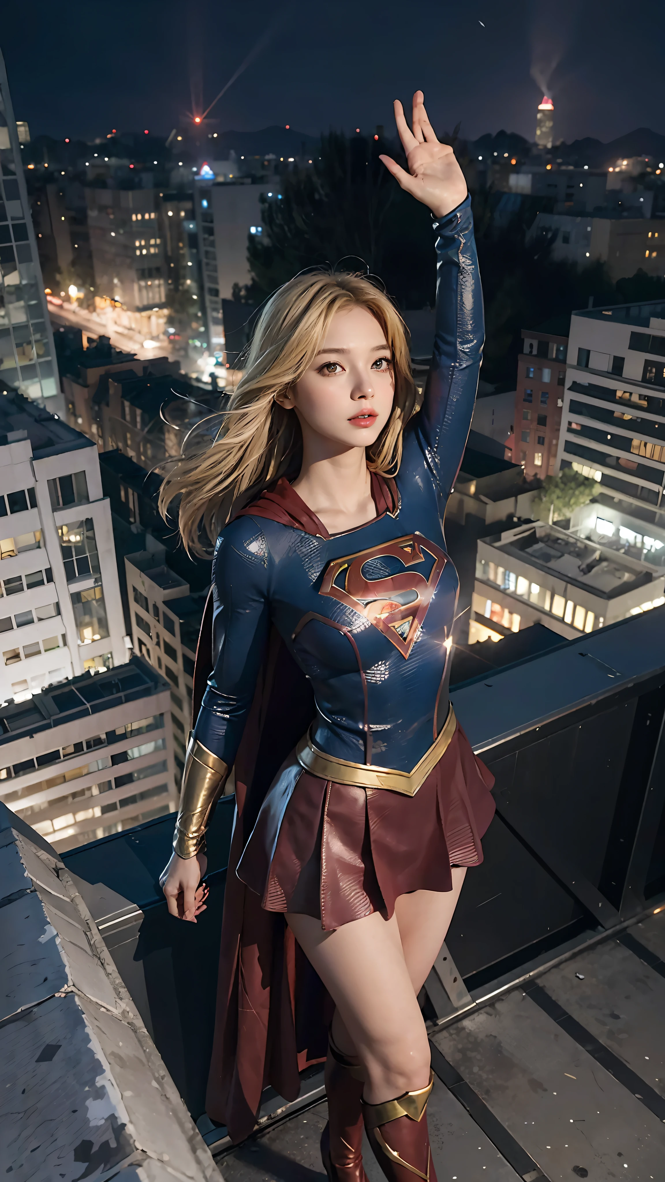 Woman alone, Supergirl costume dress, medium breasts, blonde, night, city, lots of buildings, one arm raised, looking up, looking at camera, from afar, standing on the roof of a building