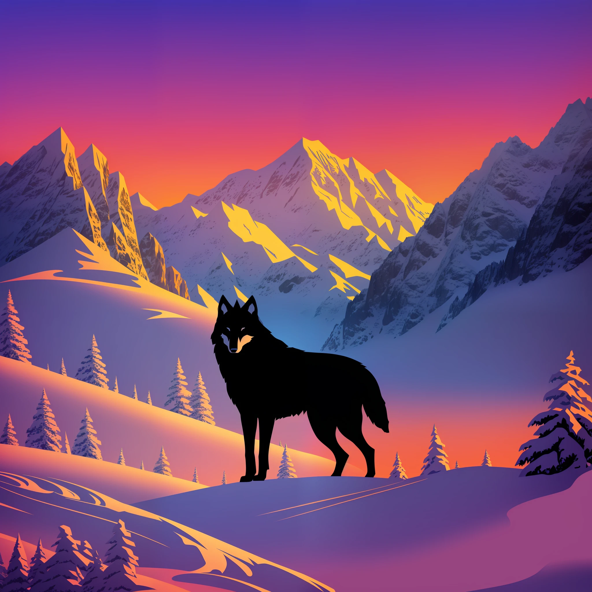 Logo 2D, Silhouette of wolf mix with mountain silhouette behind, 8k.