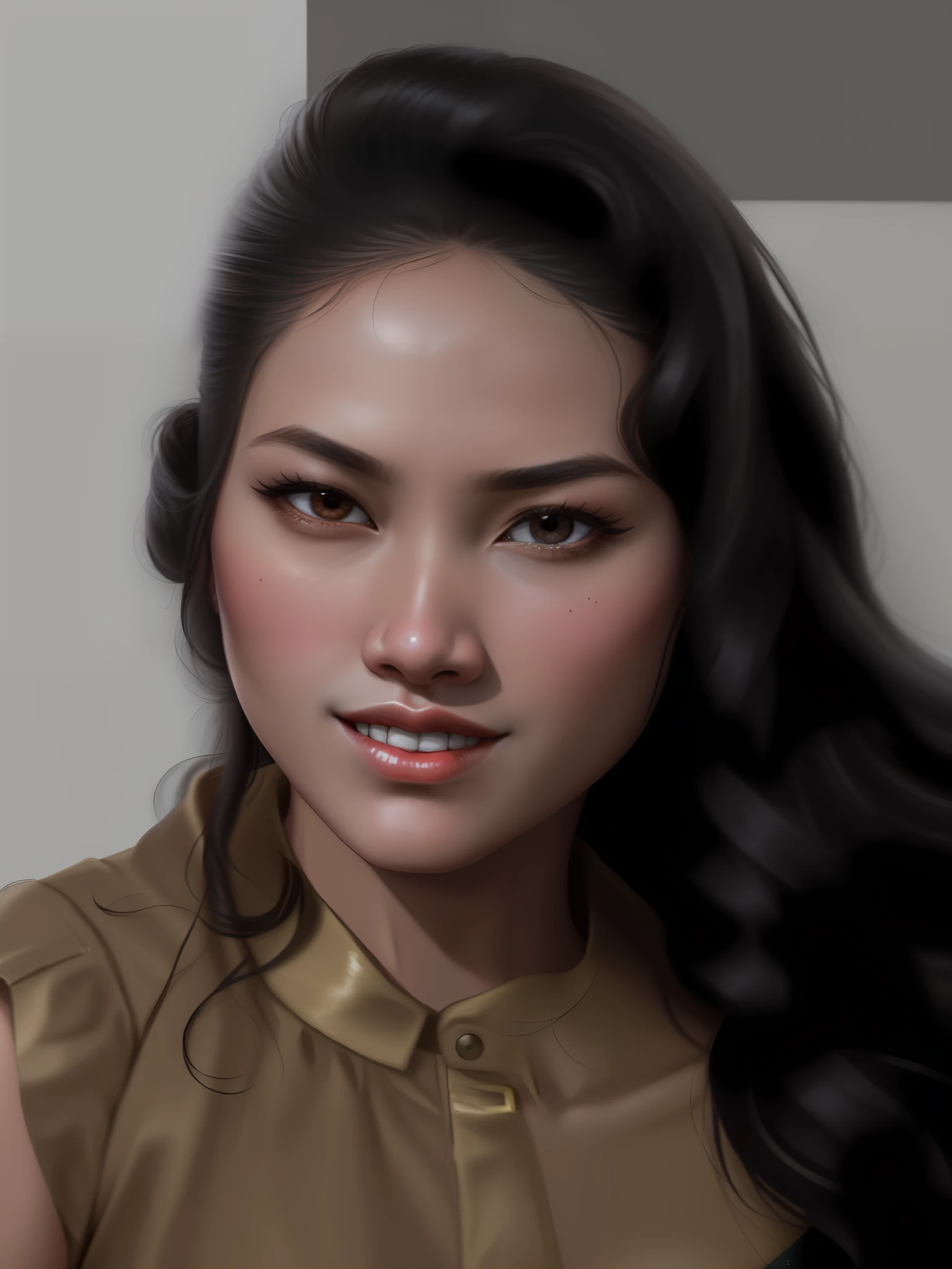 30 year old arafed woman with long black hair and a brown blouse, cindy avelino, close-up headshot, portrait of modern darna, jisoo of blackpink, nivanh chanthara, jisoo of blackpink, serena malyon, leaked image, zenra taliyah, ayahausca, mai anh tran, inspired by Sasha Putrya, face beuatiful