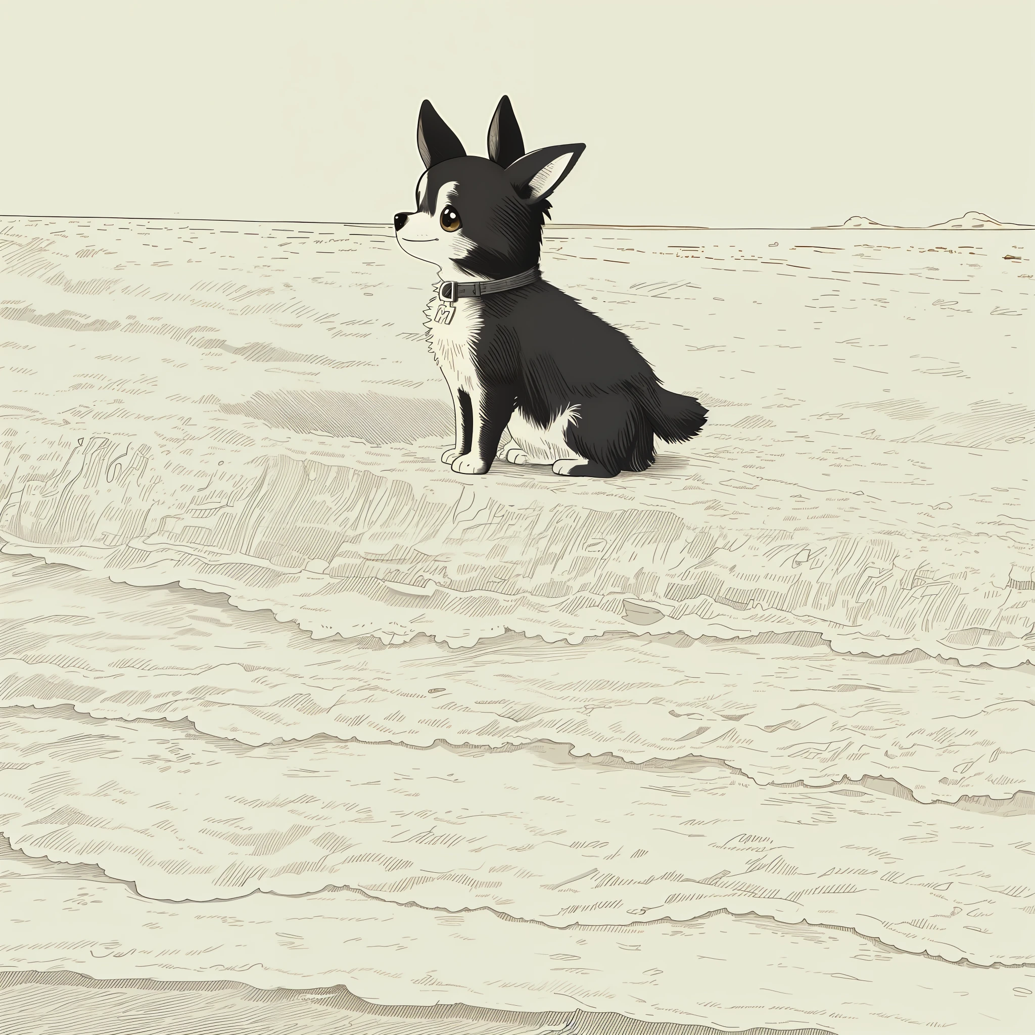 (High quality, 8k) line drawing, lineart, black and white, 1 cute and fluffy chihuahua dog on the beach