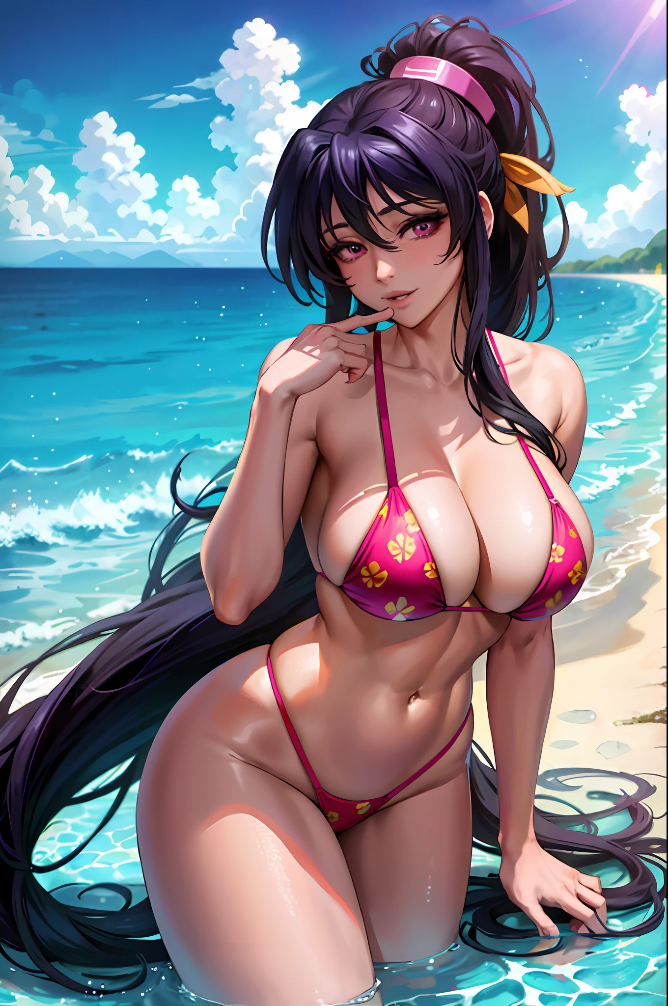 masterpiece, best quality, 1girl, looking at viewer, cute, bikini, (seascape), large breasts, pink eyes, himejima akeno,  black hair, long hair,  beautiful detailed eyes, beautiful detailed glow, lots of glow, arms behind head, embarrassed, (upper body:1.4)