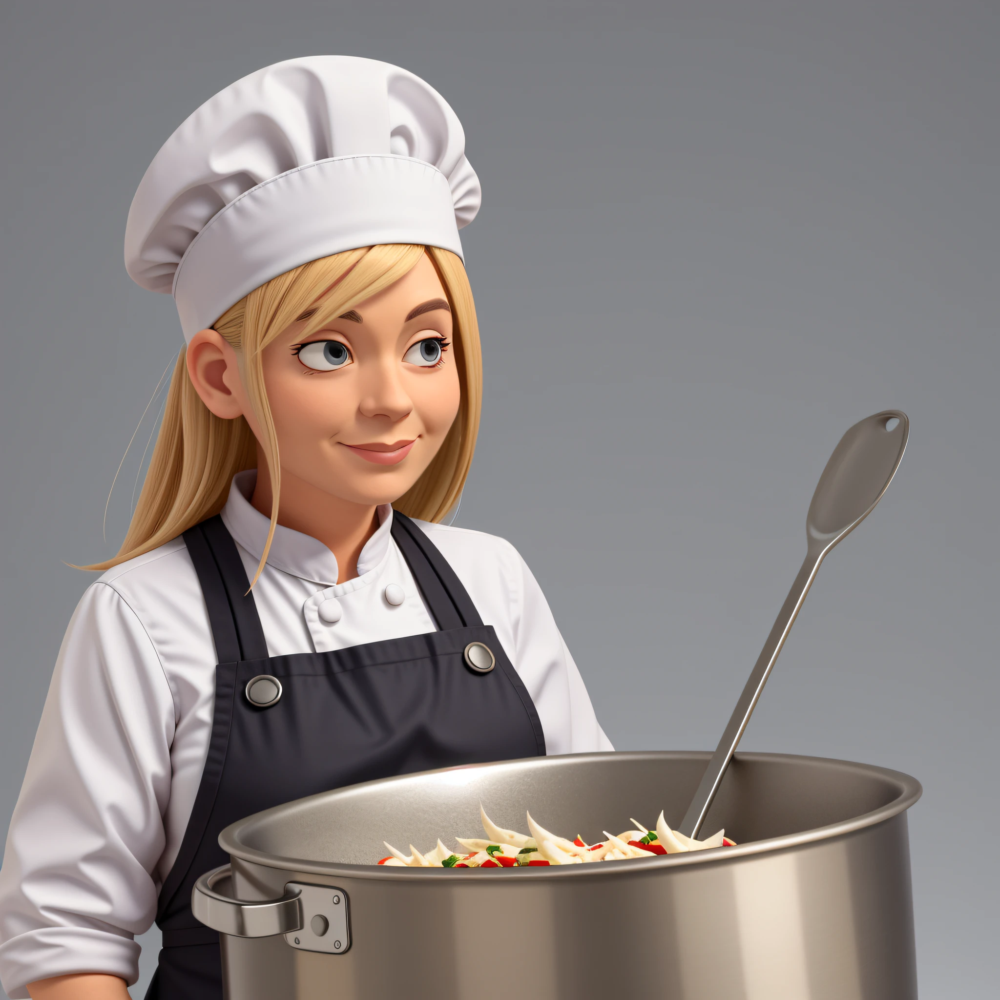 Female Cook Character with Dark Blonde Master Chef Hat, with White Background 40 years old cartoon with a spatula in her hands