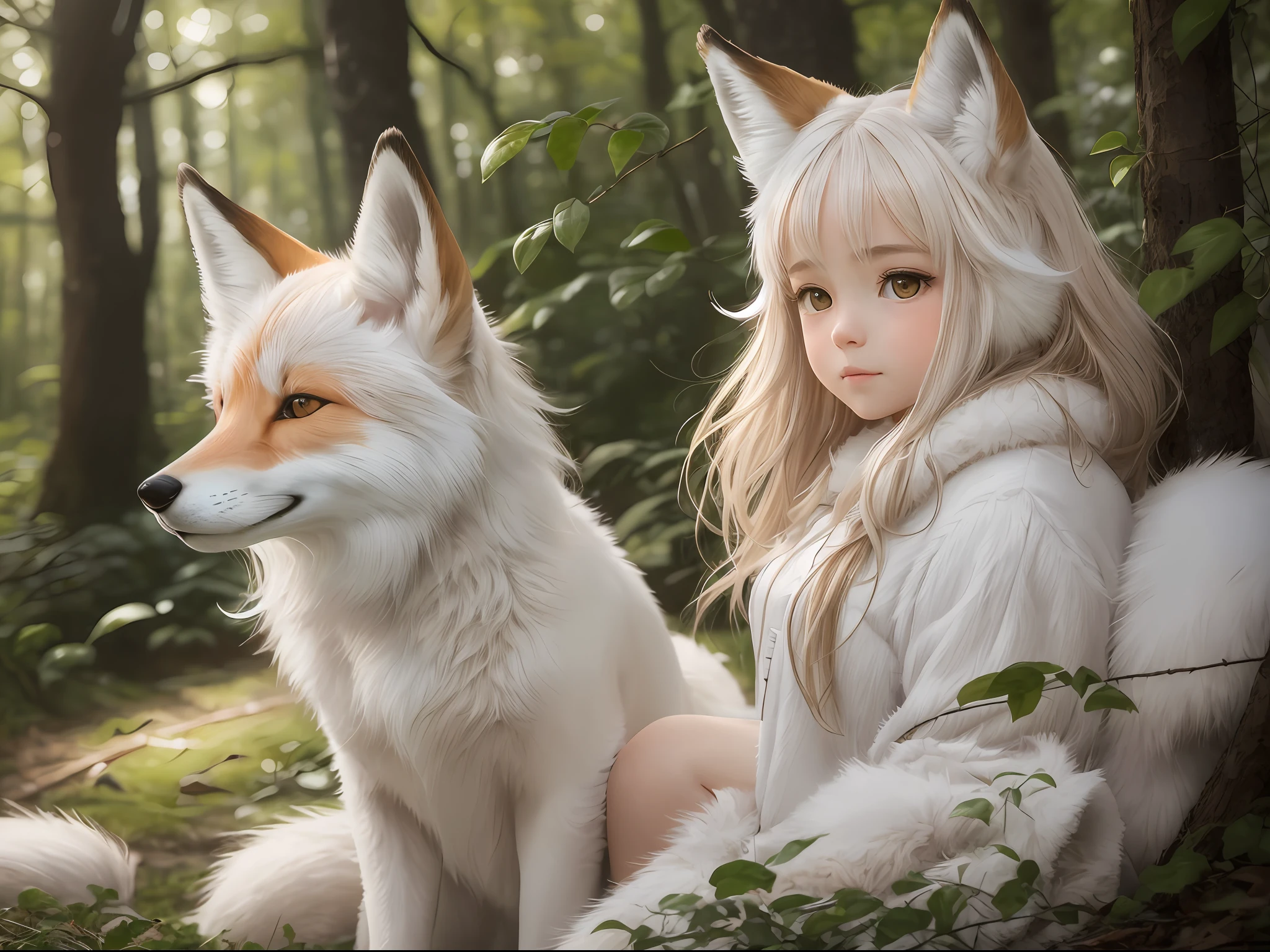 A professional high-quality photo, in 4K resolution, captures in realistic detail a charming girl in a fluffy white pajama with ears and foxtail. She is sitting in the middle of an enchanted forest, where every element is portrayed to perfection. The textures of the pajamas, ears and tail are sharp and palpable. Sunlight falls on the leaves and gently illuminates the girl's face, highlighting each delicate and charming expression --auto --s2