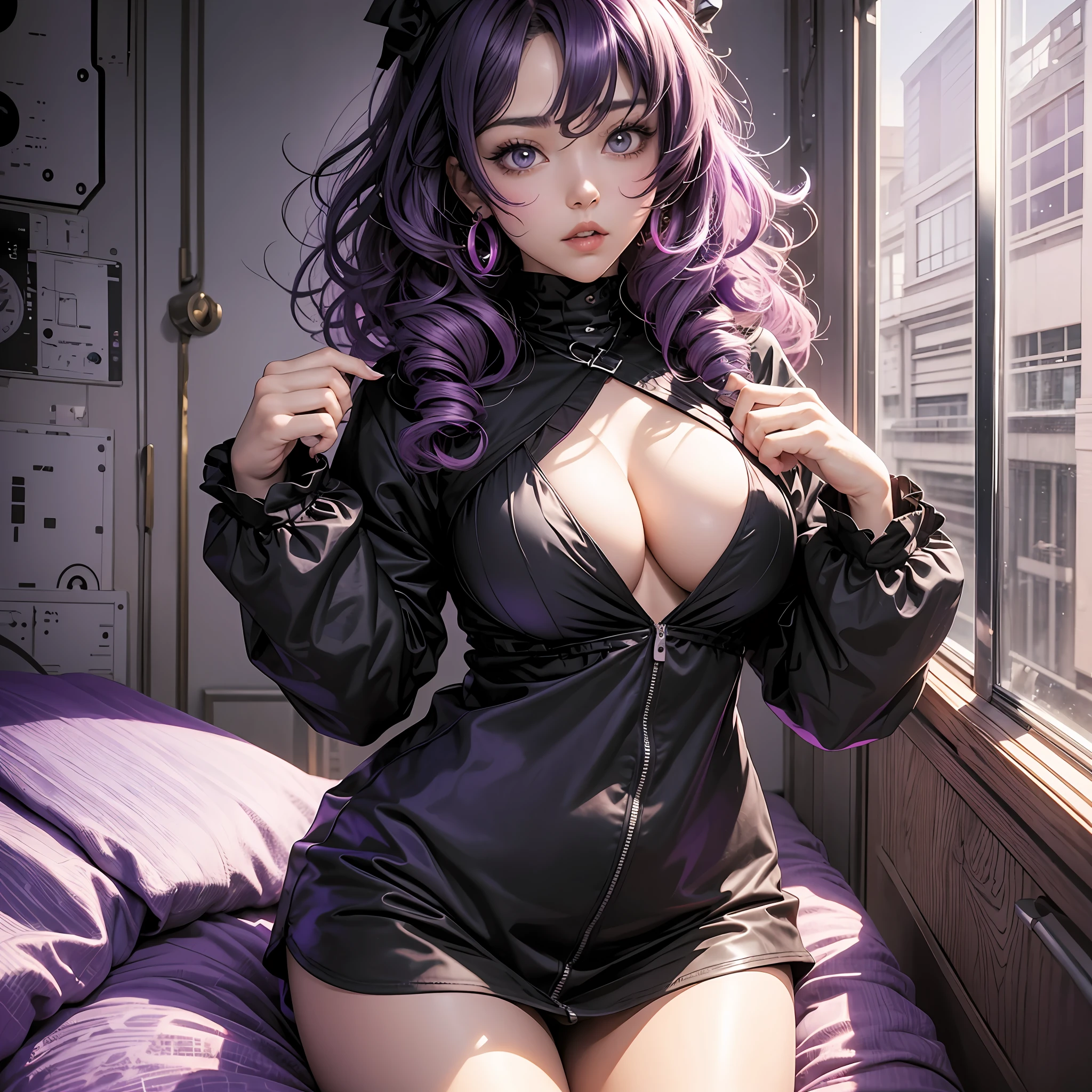 Super attractive girl, purple curly hair, black blouse, round ocolus, anime style, cute bedroom background --auto --s2