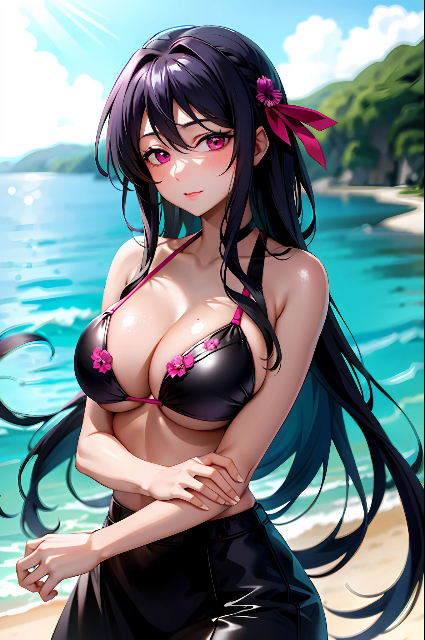 masterpiece, best quality, 1girl, looking at viewer, cute, bikini, (seascape), large breasts, pink eyes, himejima akeno,  black hair, long hair,  beautiful detailed eyes, beautiful detailed glow, lots of glow, arms behind head, embarrassed, (upper body:1.4)