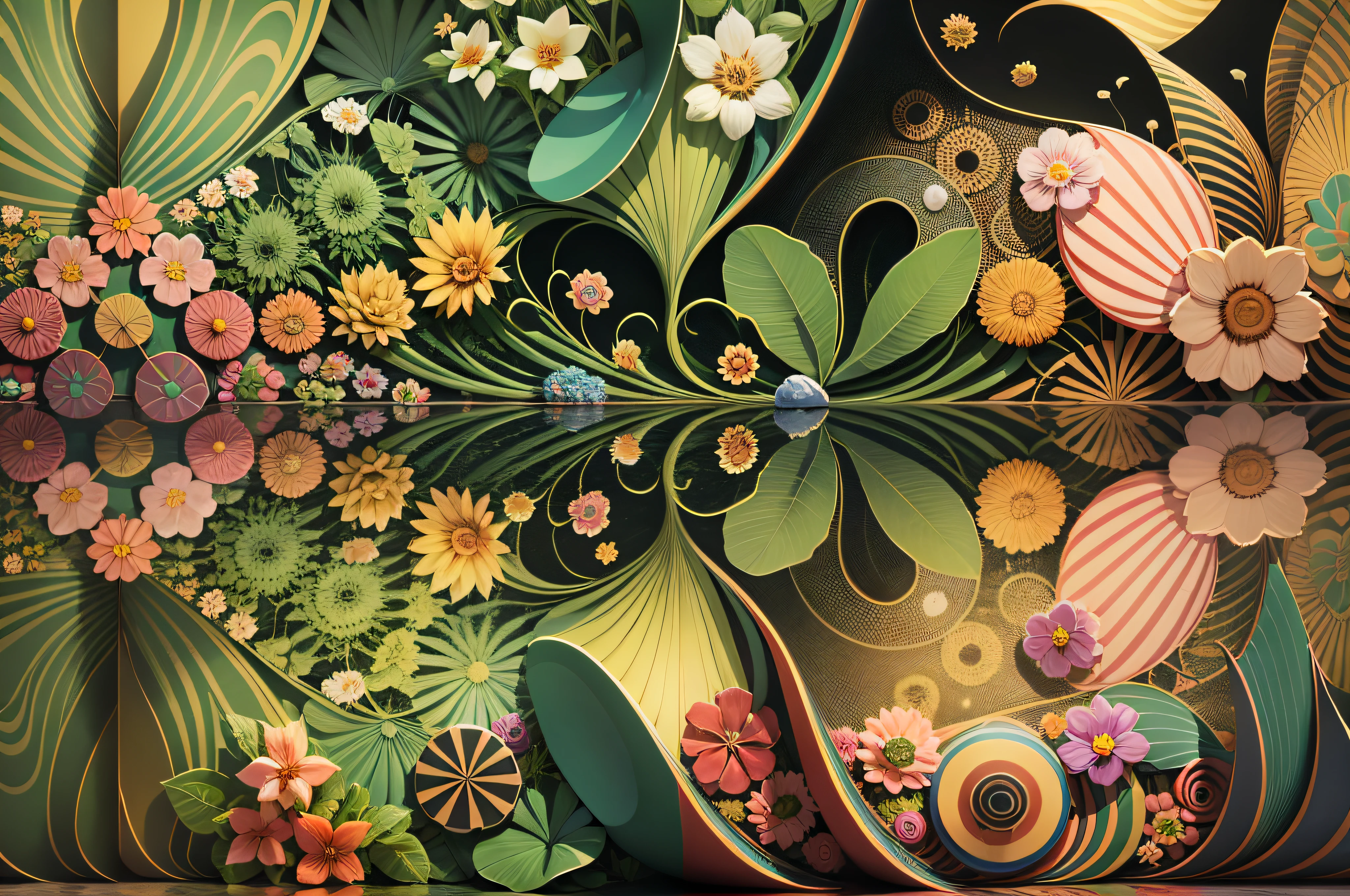 3D Flower Patterns, --AR 3:2, --tile , equirectangular 360, Highres, [(art by Willi Baumeister: 1.1), (art by John T. Biggers: 1.2)::17], official art, 8k unit wallpaper, ultra detailed, aesthetic, masterpiece, best quality, photorealistic --auto --s2